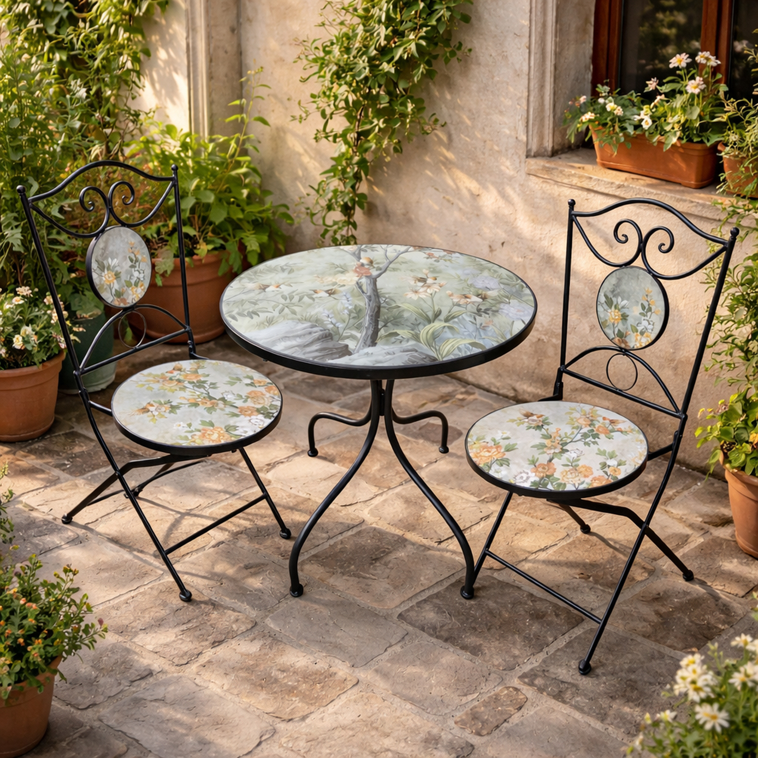 Set tavolo rotondo e 2 sedie ceramica Birds
