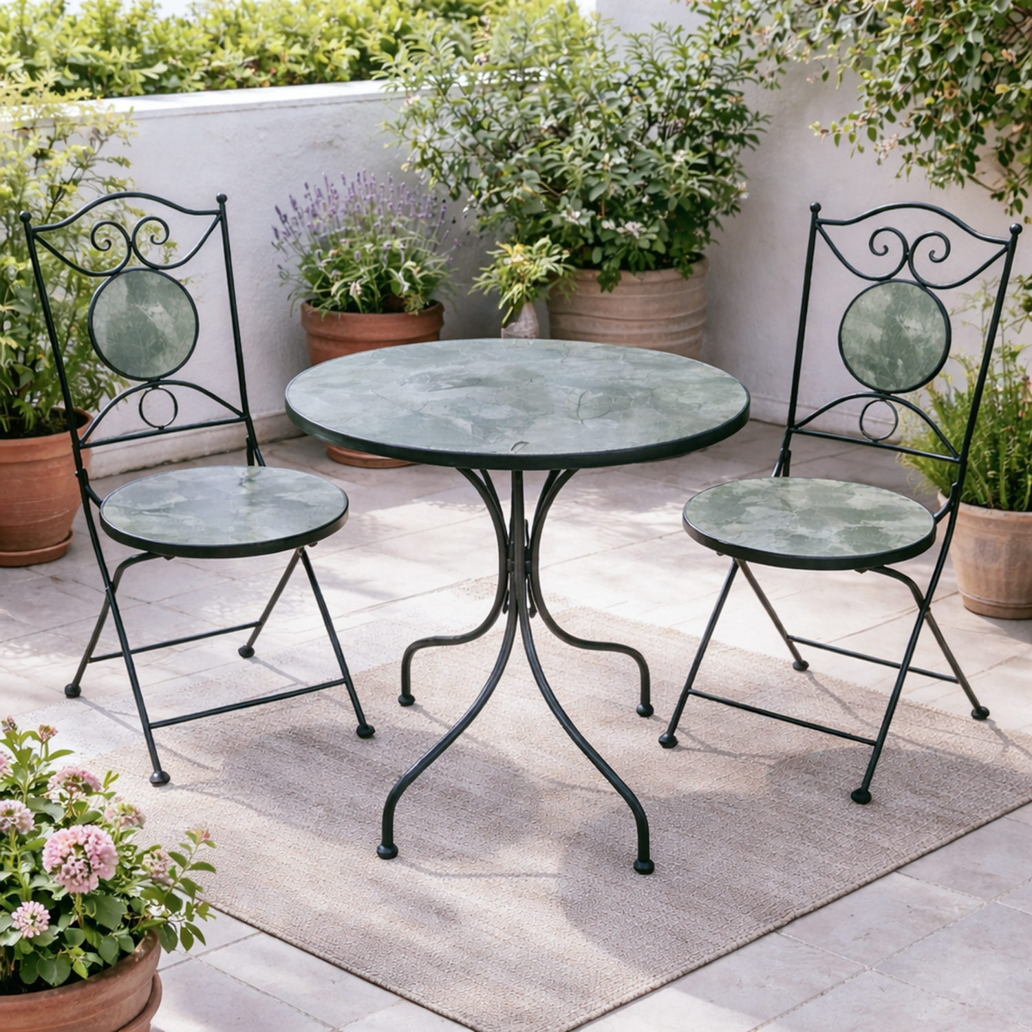 Set tavolo rotondo e 2 sedie effetto marmo grigio