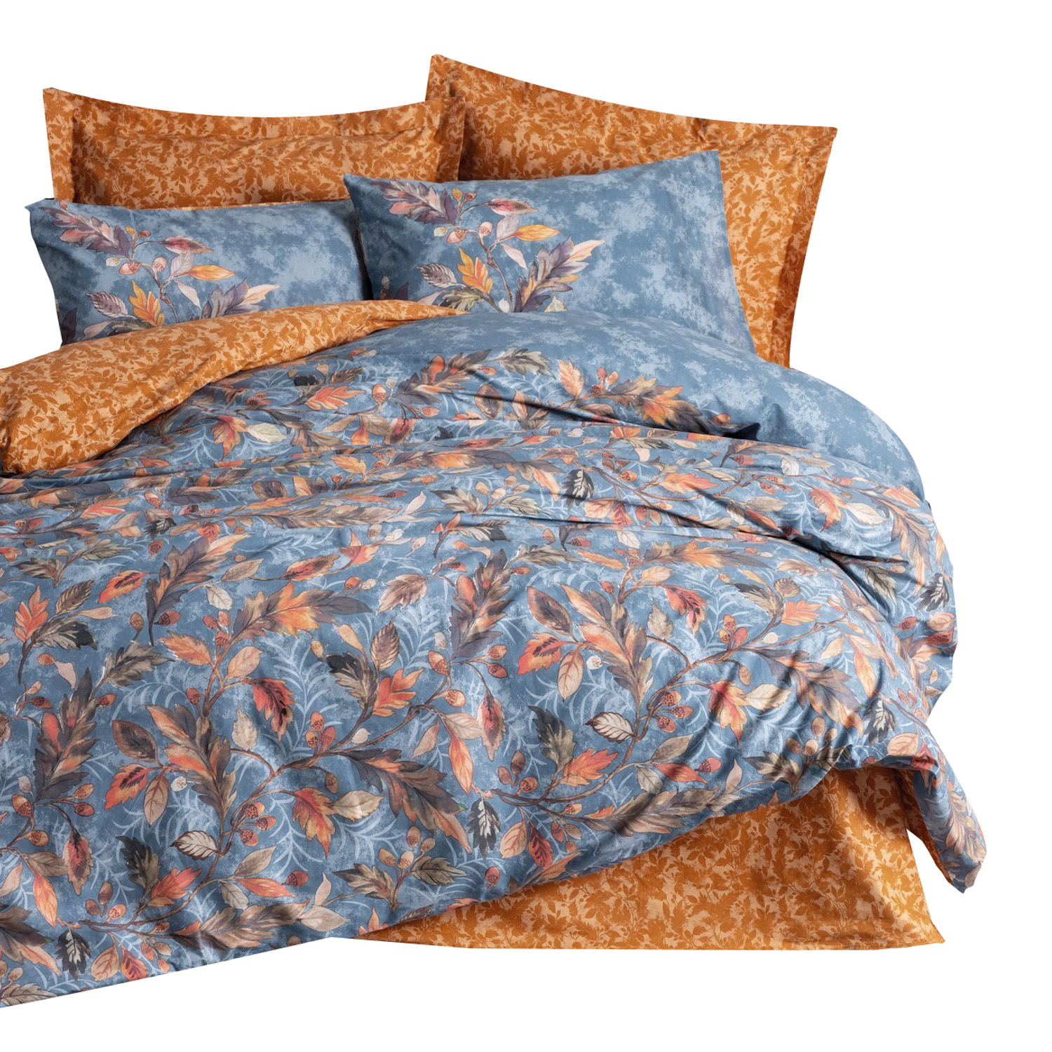 Set copripiumino matrimoniale blu foglie arancioni Fantasy