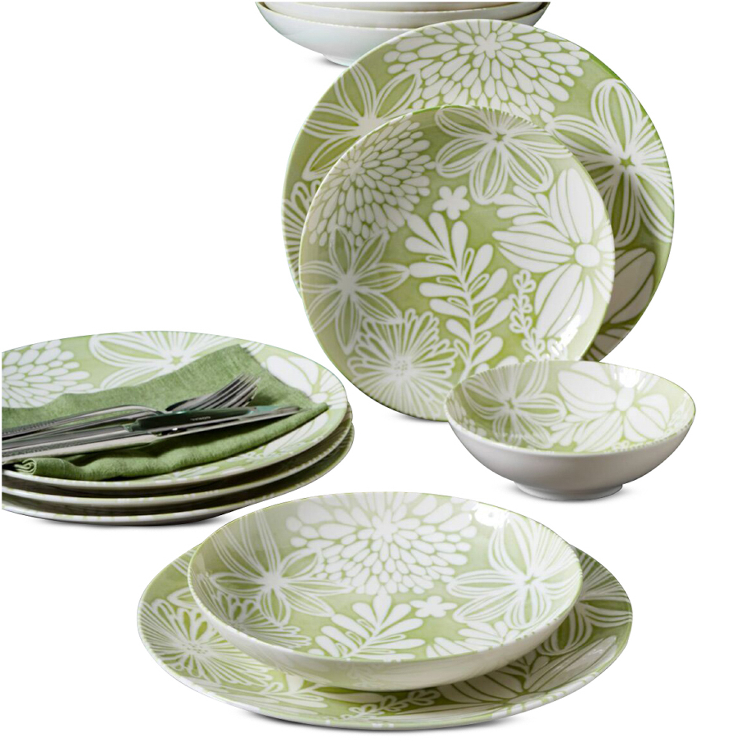 Servizio 18 piatti con disegni fiori verde pistacchio
