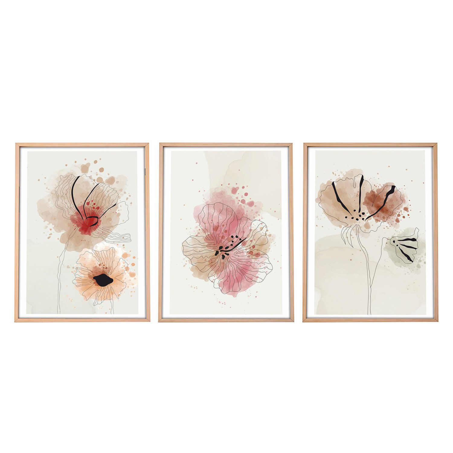 Set 3 quadri floreali con cornice