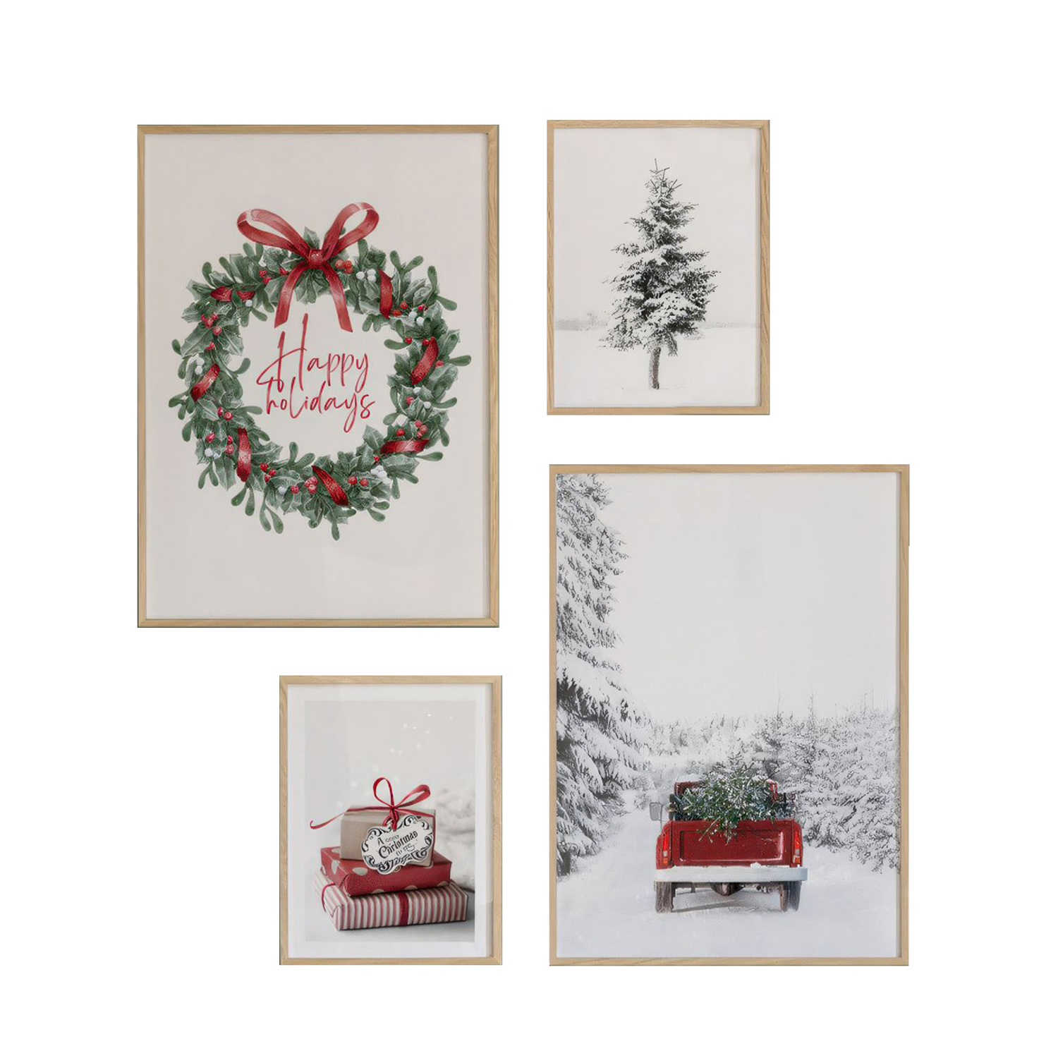 Set 4 quadri natalizi ghirlanda neve
