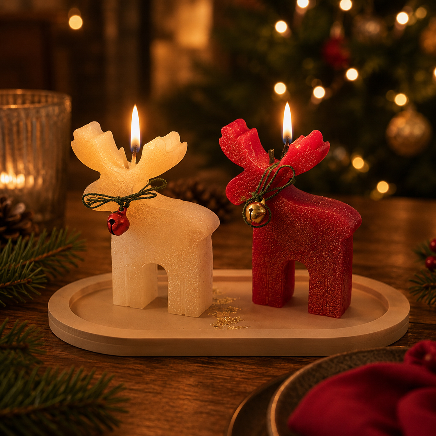 Set 2 candele renne di Natale con supporto in cemento