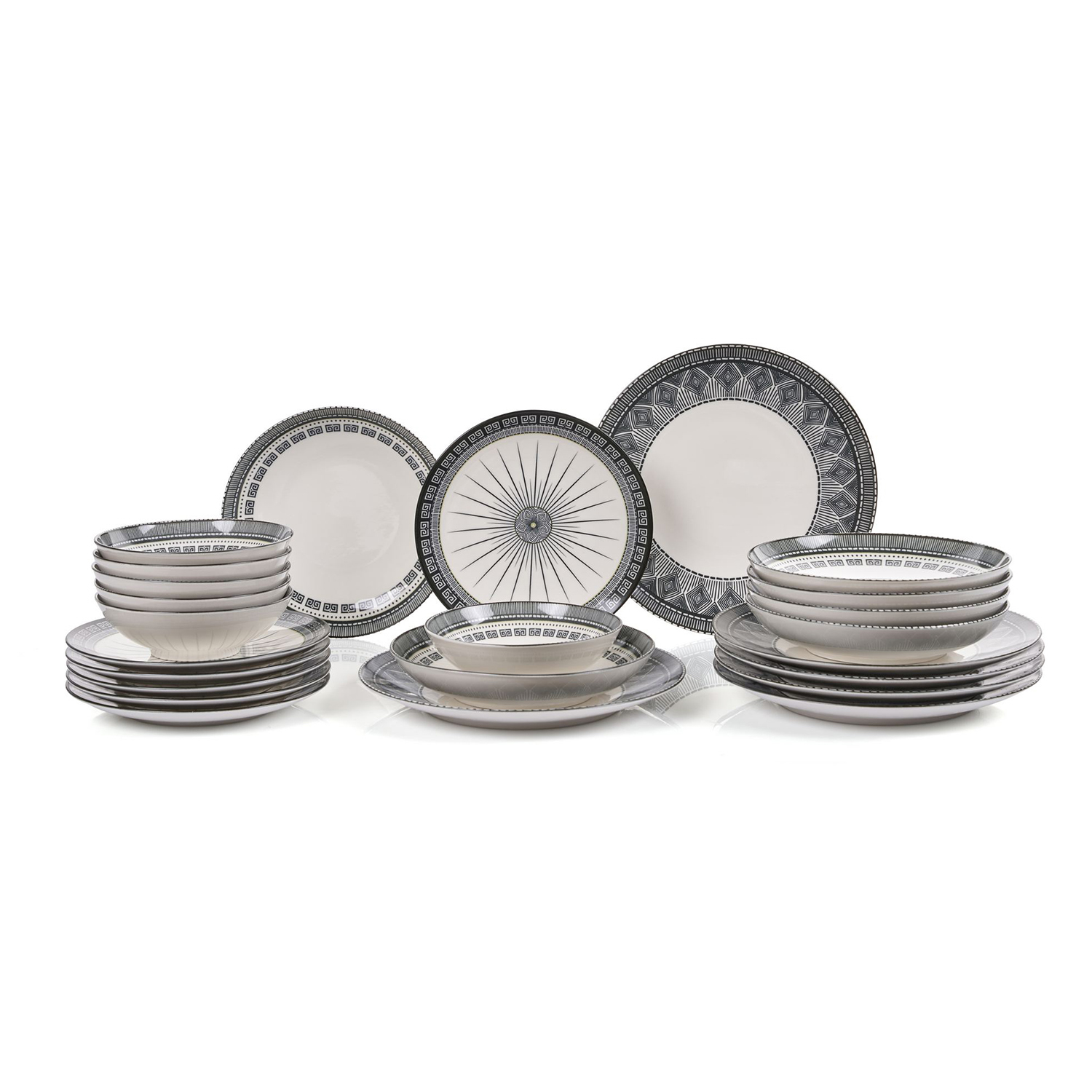 Set 24 piatti decori geometrici neri