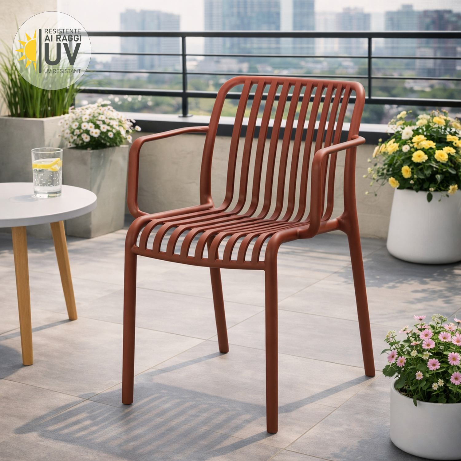 Sedia da giardino con braccioli in plastica 43x41,5x79 cm mogano