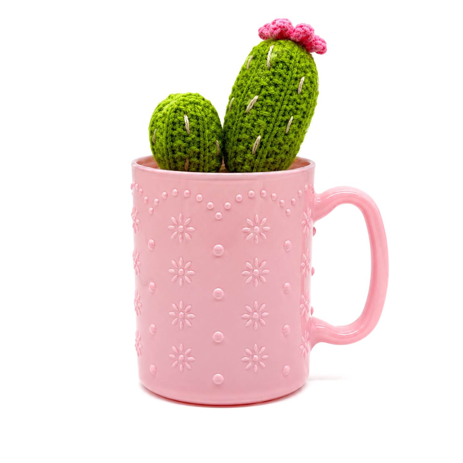 Tazza in vetro rosa con cactus all'uncinetto
