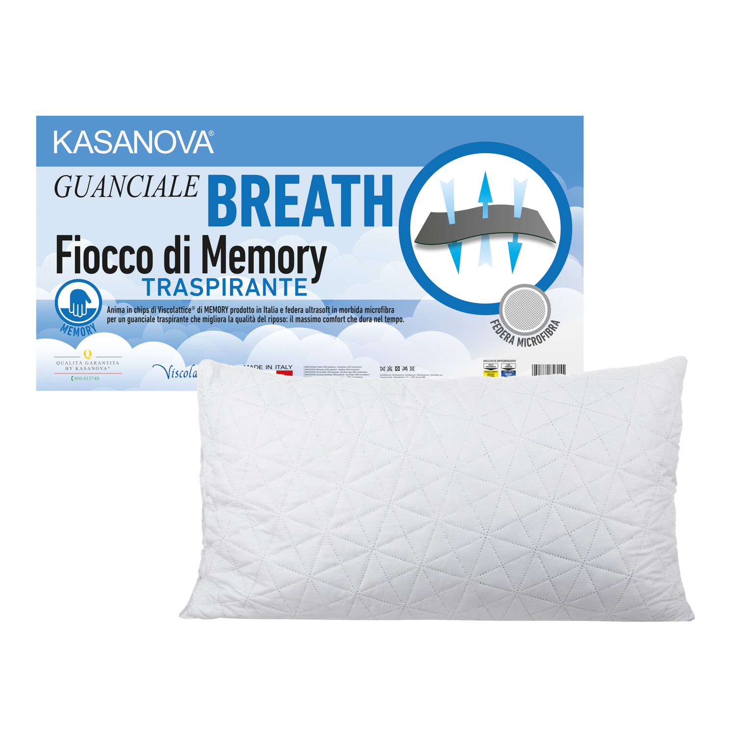 Guanciale Breath traspirante fiocco Memory, 45x75 cm