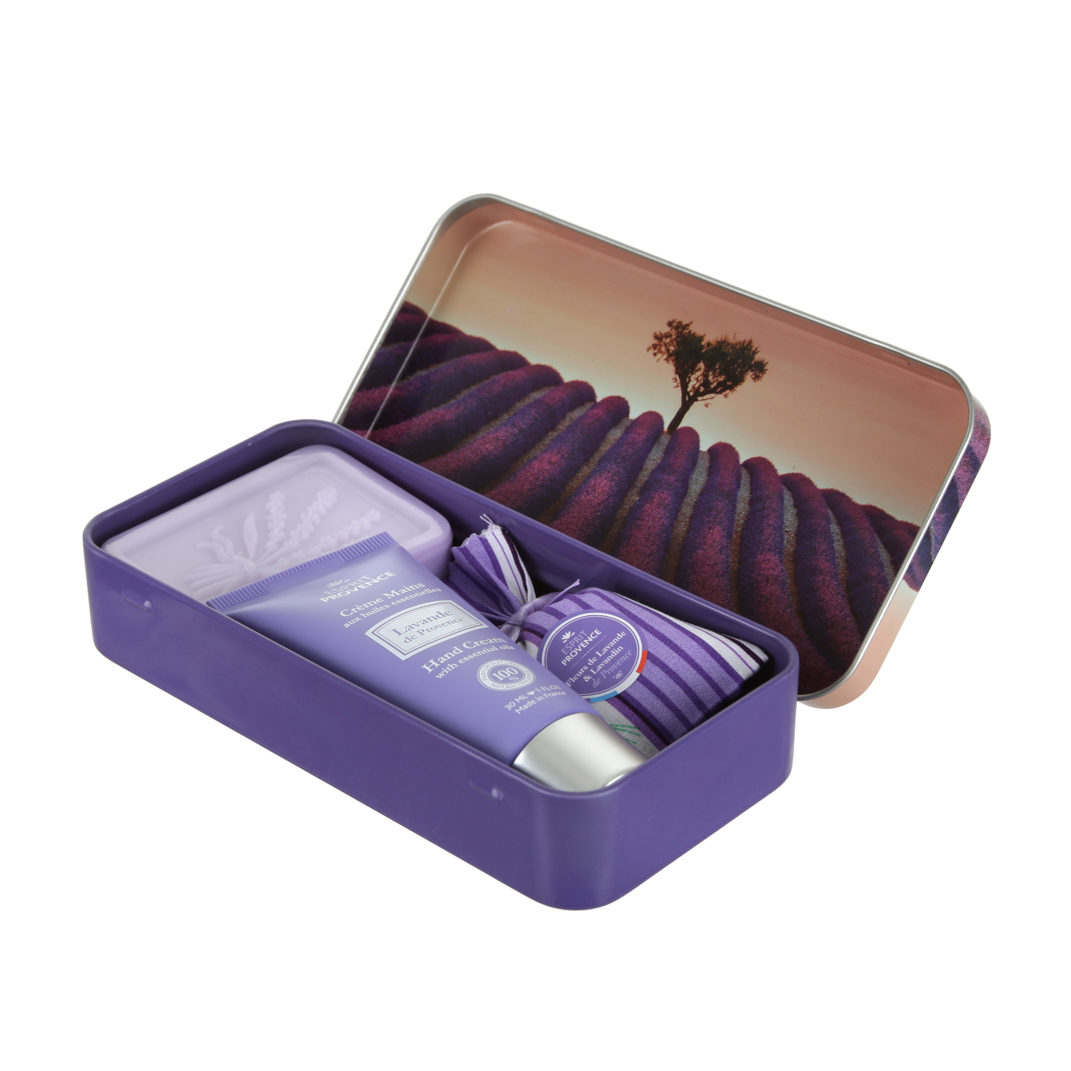 Saponetta, crema mani e lavanda: cofanetto regalo con fiori provenzali