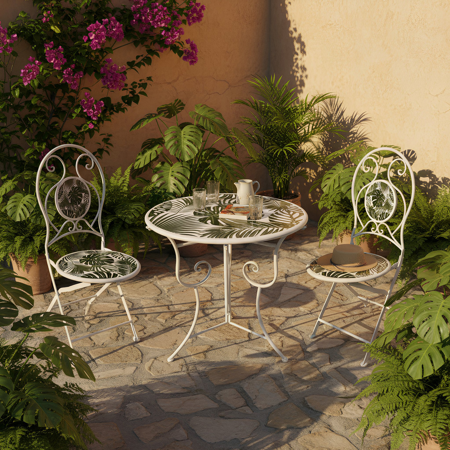 Set tavolo giardino e 2 sedie decoro foglia ferro