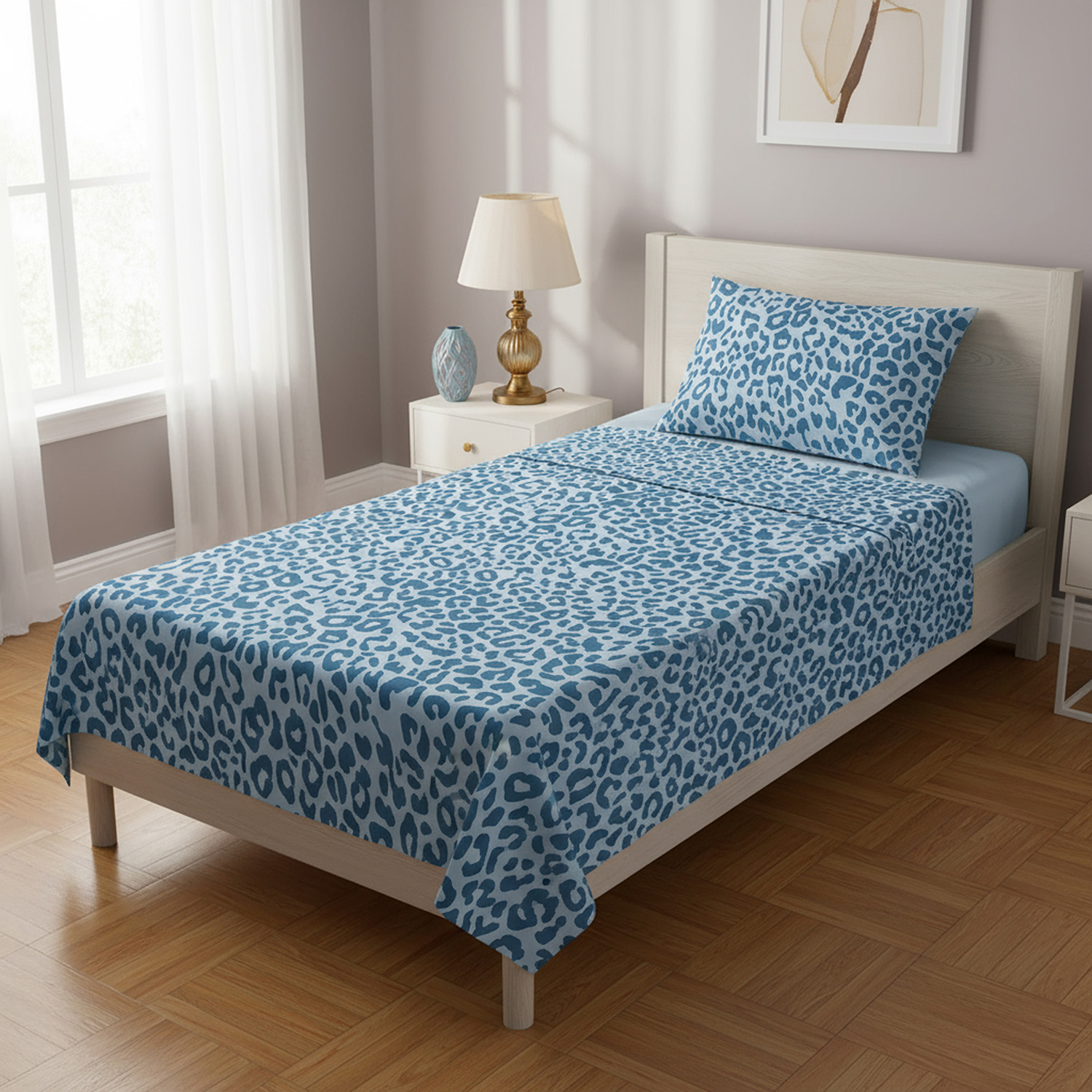 Completo letto singolo leopardato azzurro cotone