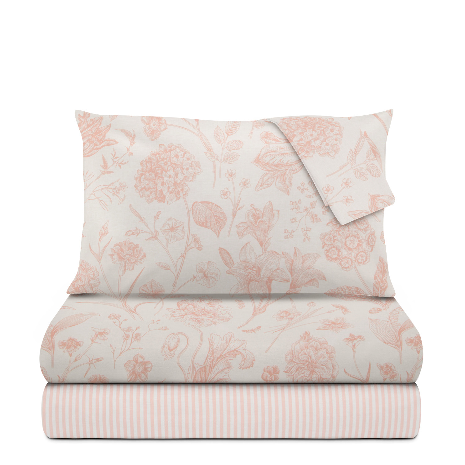 Completo letto matrimoniale in cotone rosa Botanic