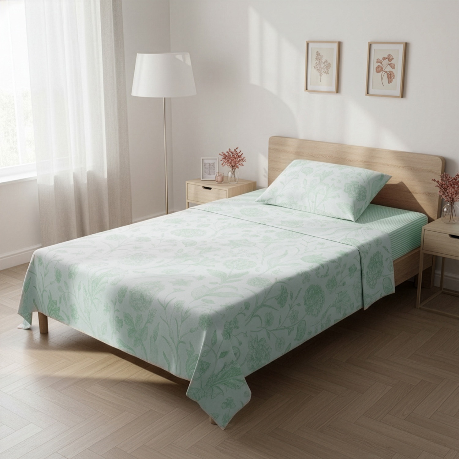 Completo letto 1 piazza e mezza in cotone verde Botanic