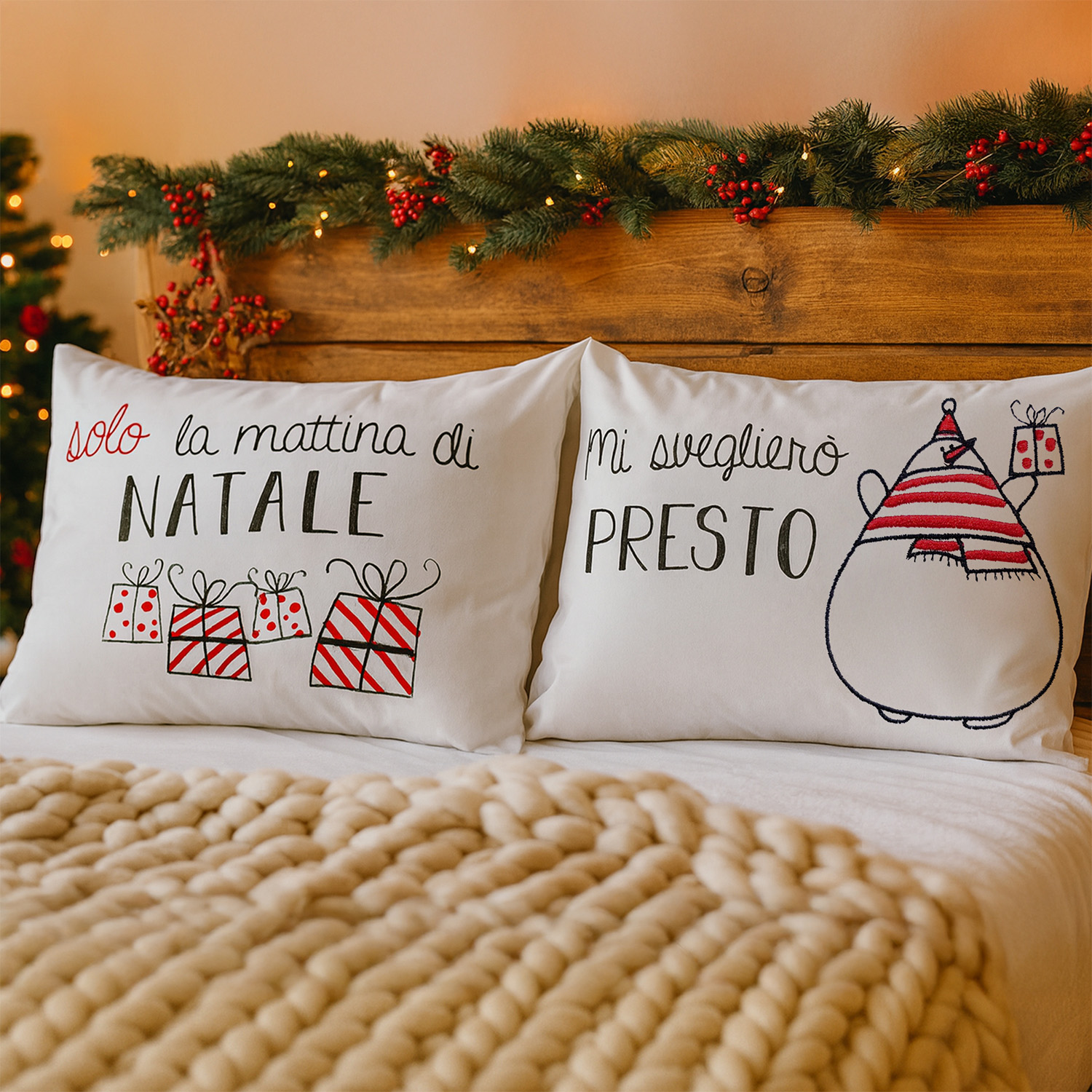 Coppia federe natalizie con scritta in cotone, da 80x50 cm