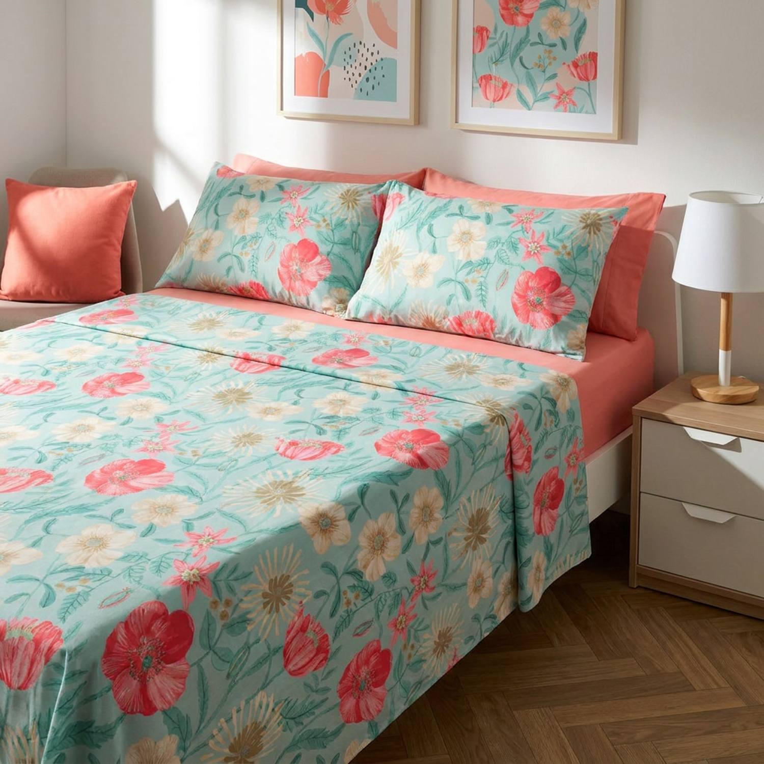 Completo letto matrimoniale cotone Raso fiori