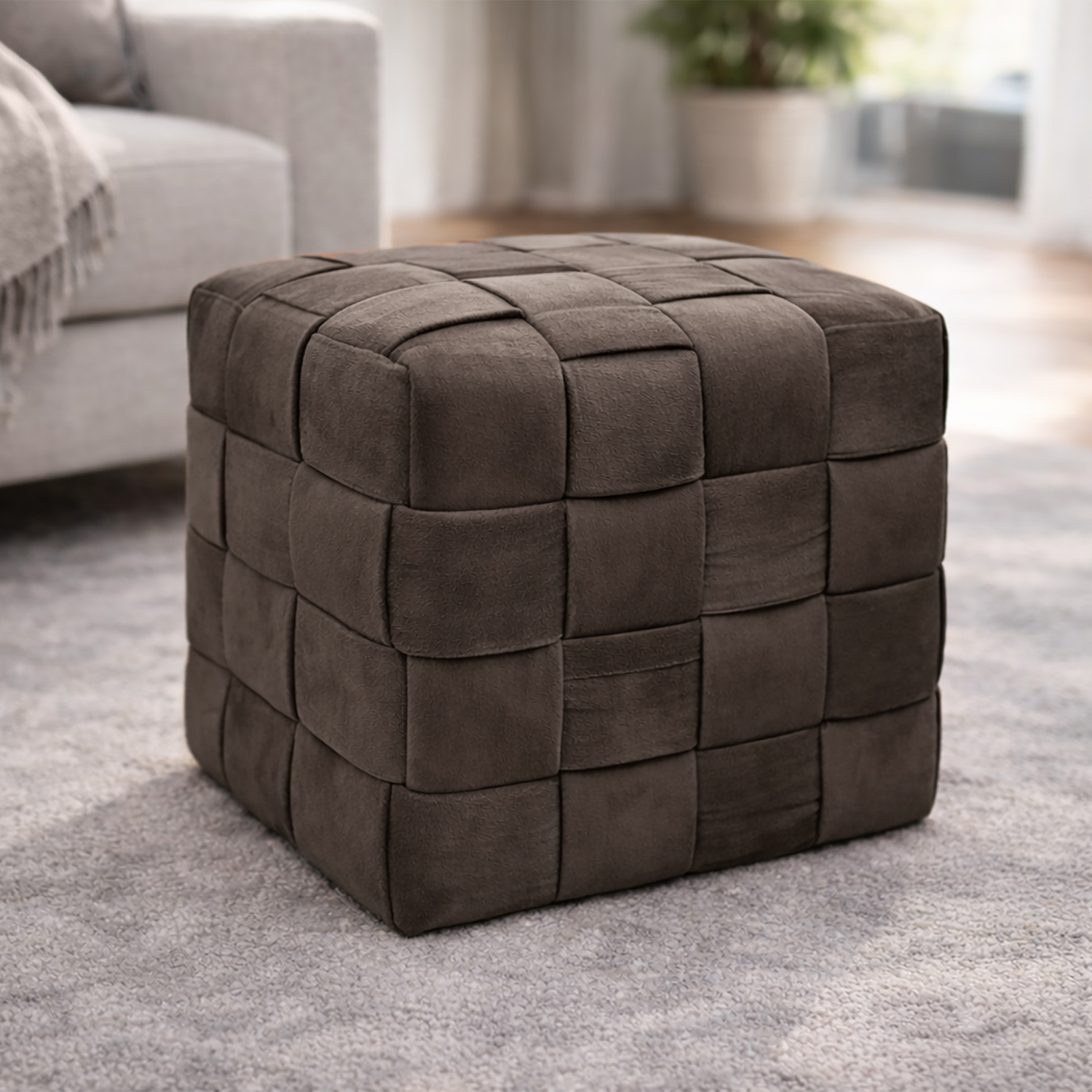 Pouf cubo intrecciato velluto marrone 41 cm