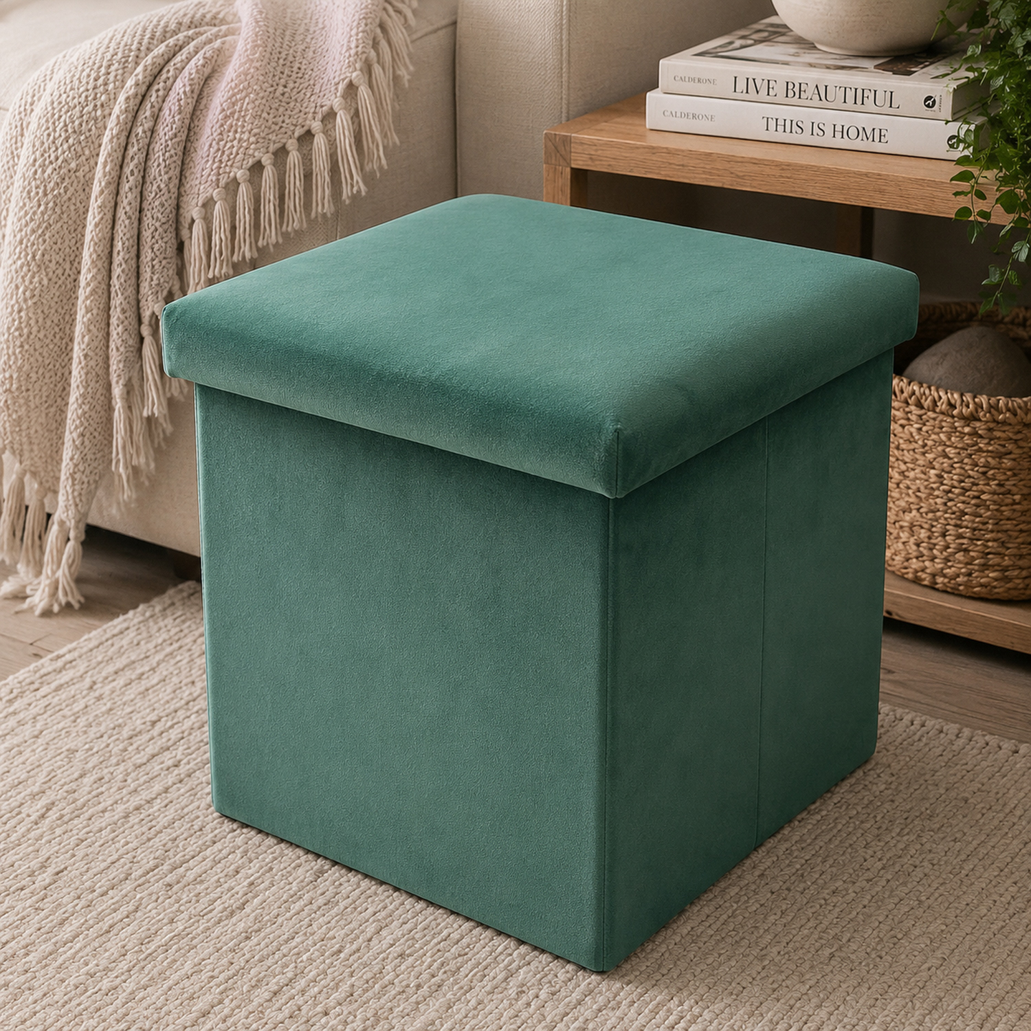 Pouf pieghevole velluto verde 40x40 cm