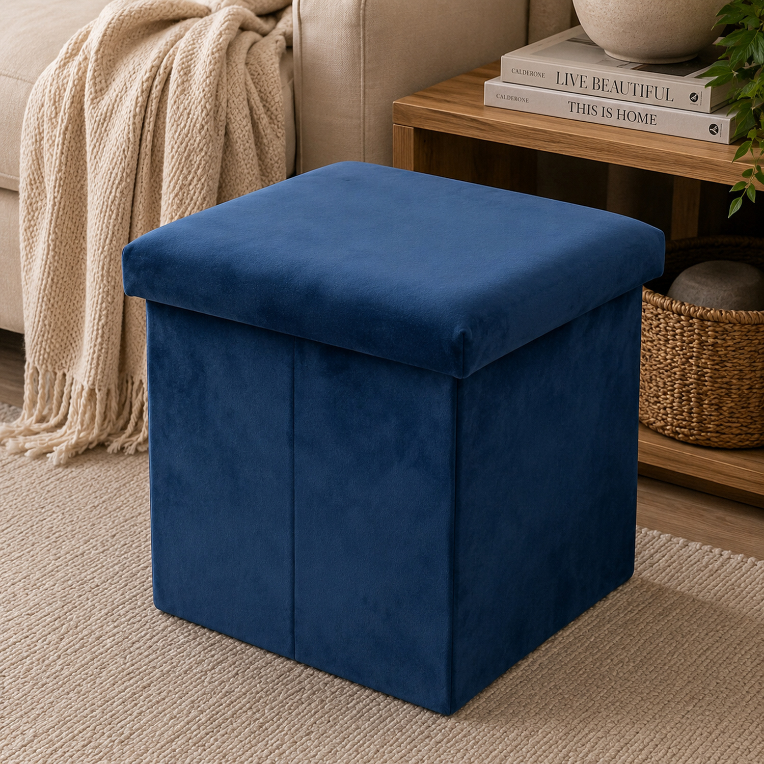 Pouf pieghevole velluto blu 40x40 cm