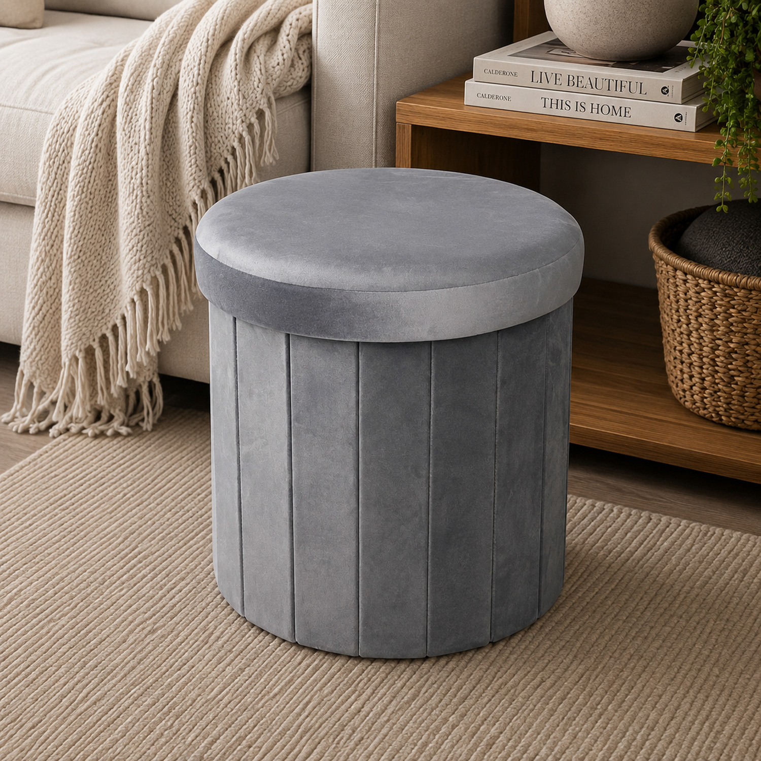 Pouf pieghevole velluto grigio 38 cm