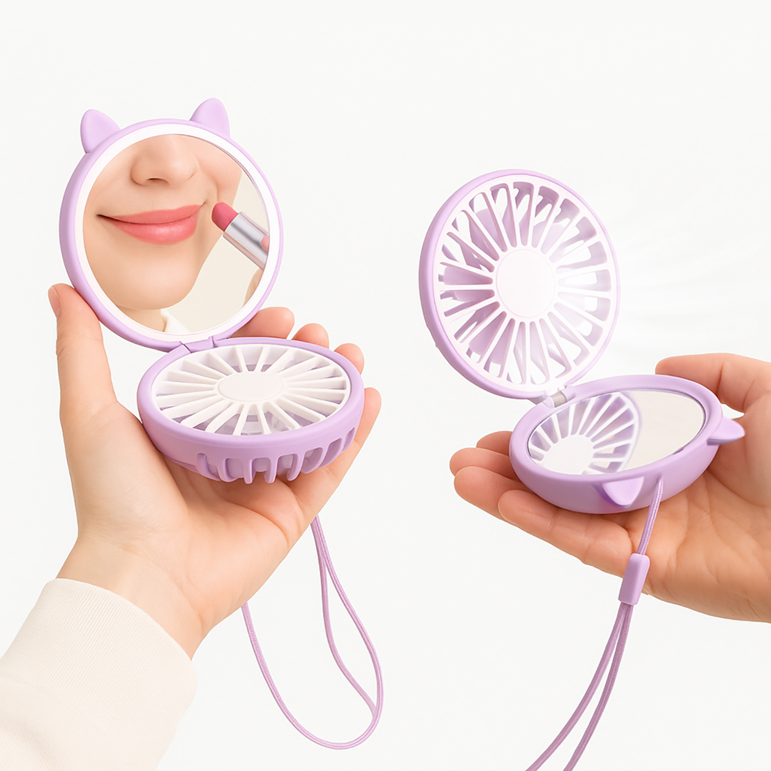Mini ventilatore da collo con specchio e led viola
