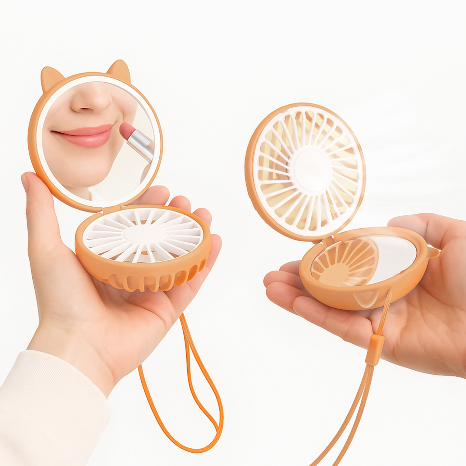Mini ventilatore da collo con specchio e led arancione