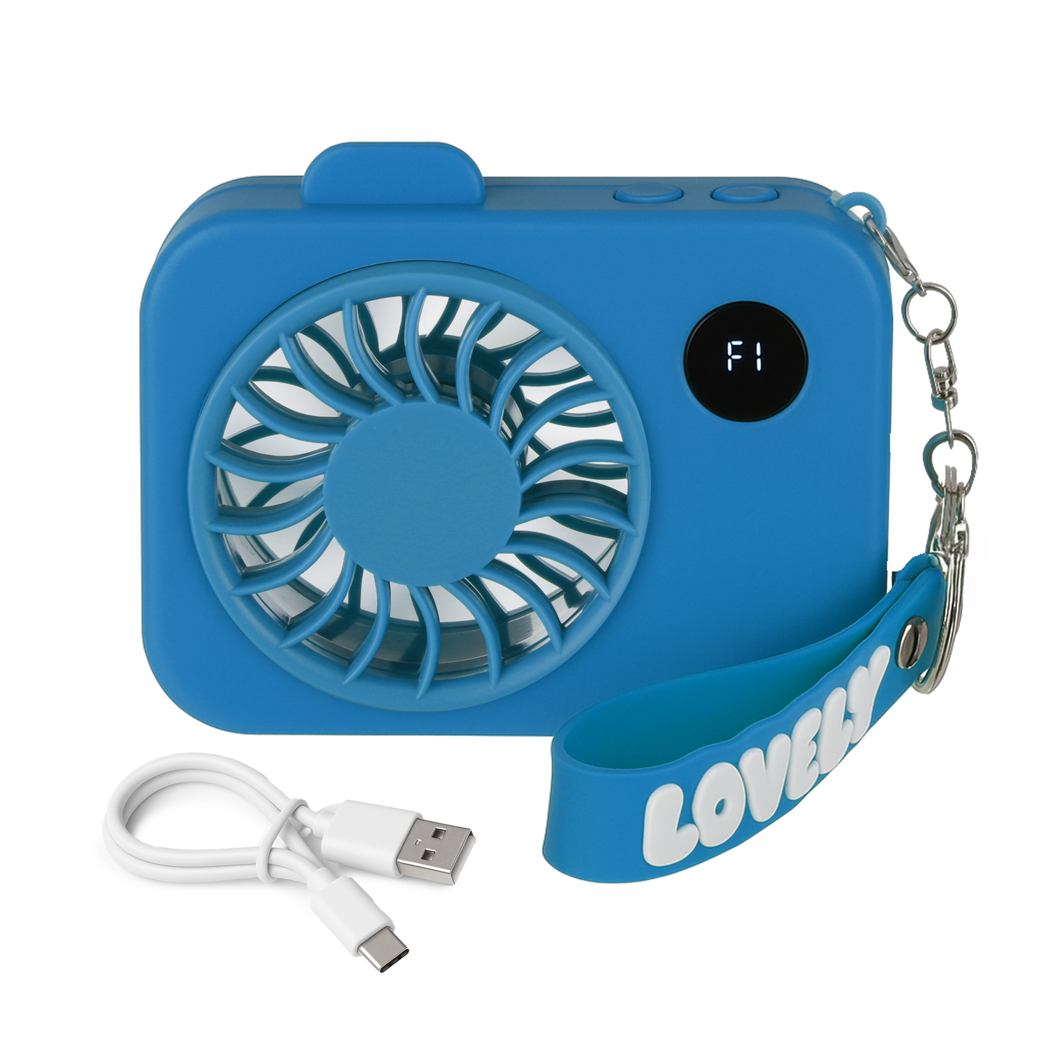 Mini ventilatore portatile azzurro macchina fotografica