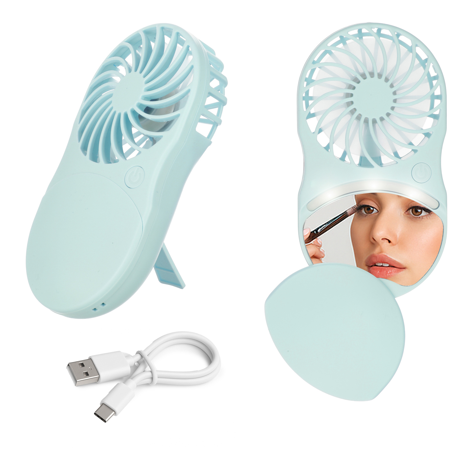 Miniventilatore tascabile con specchio led azzurro