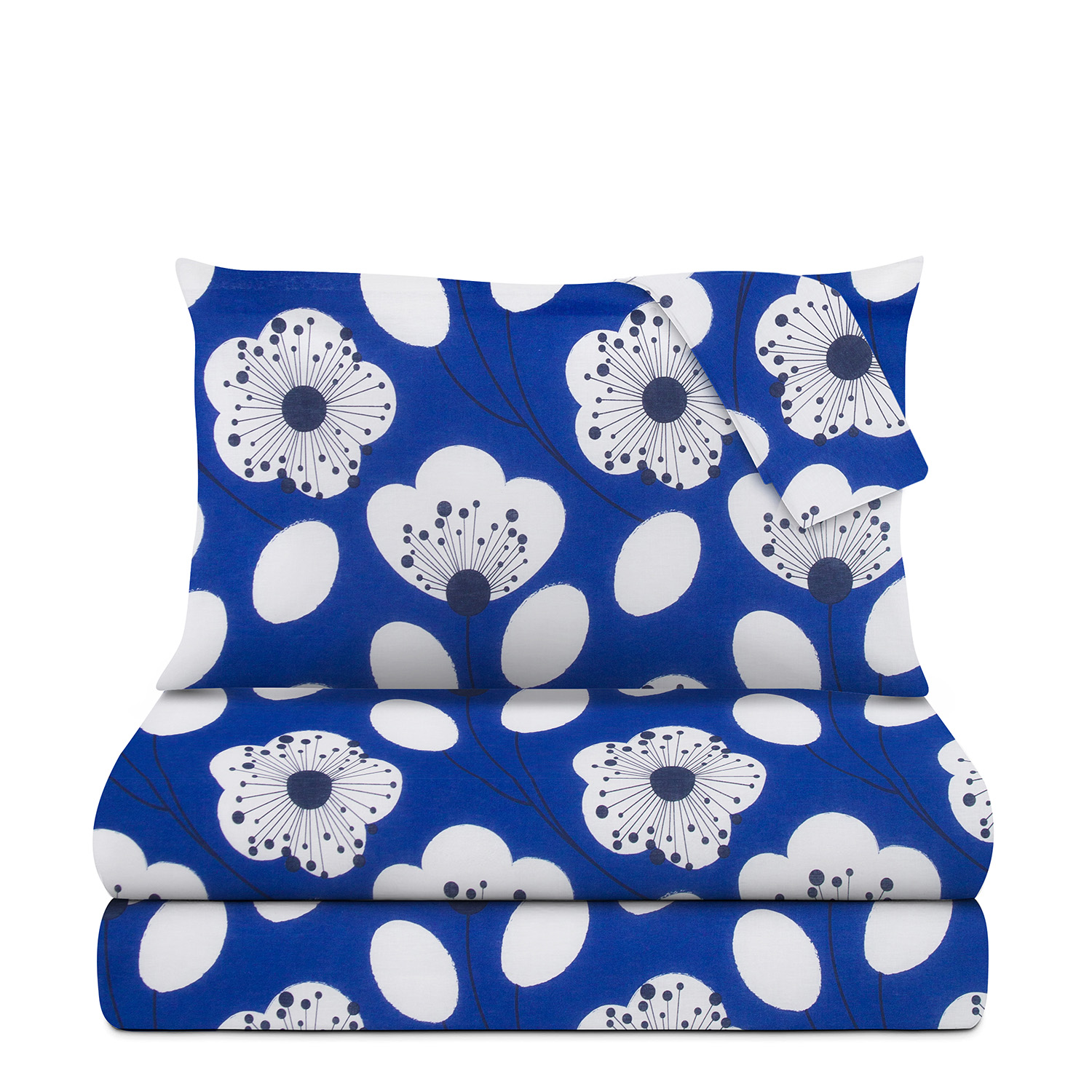 Completo letto matrimoniale blu fiori bianchi