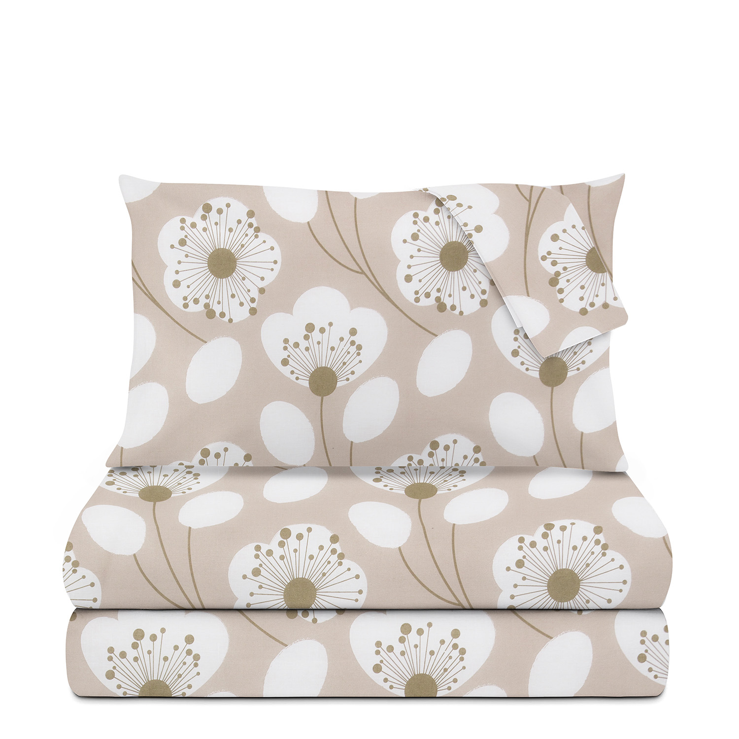 Completo letto matrimoniale beige fiori bianchi