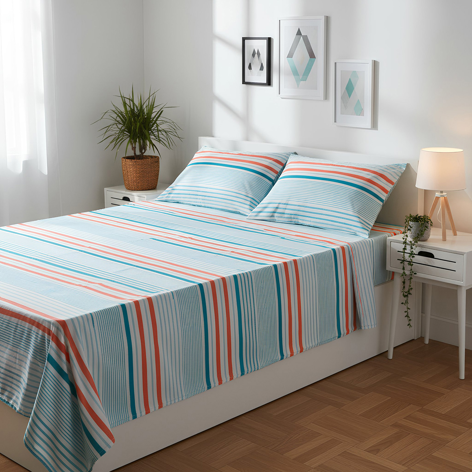 Completo letto matrimoniale righe azzurre arancione