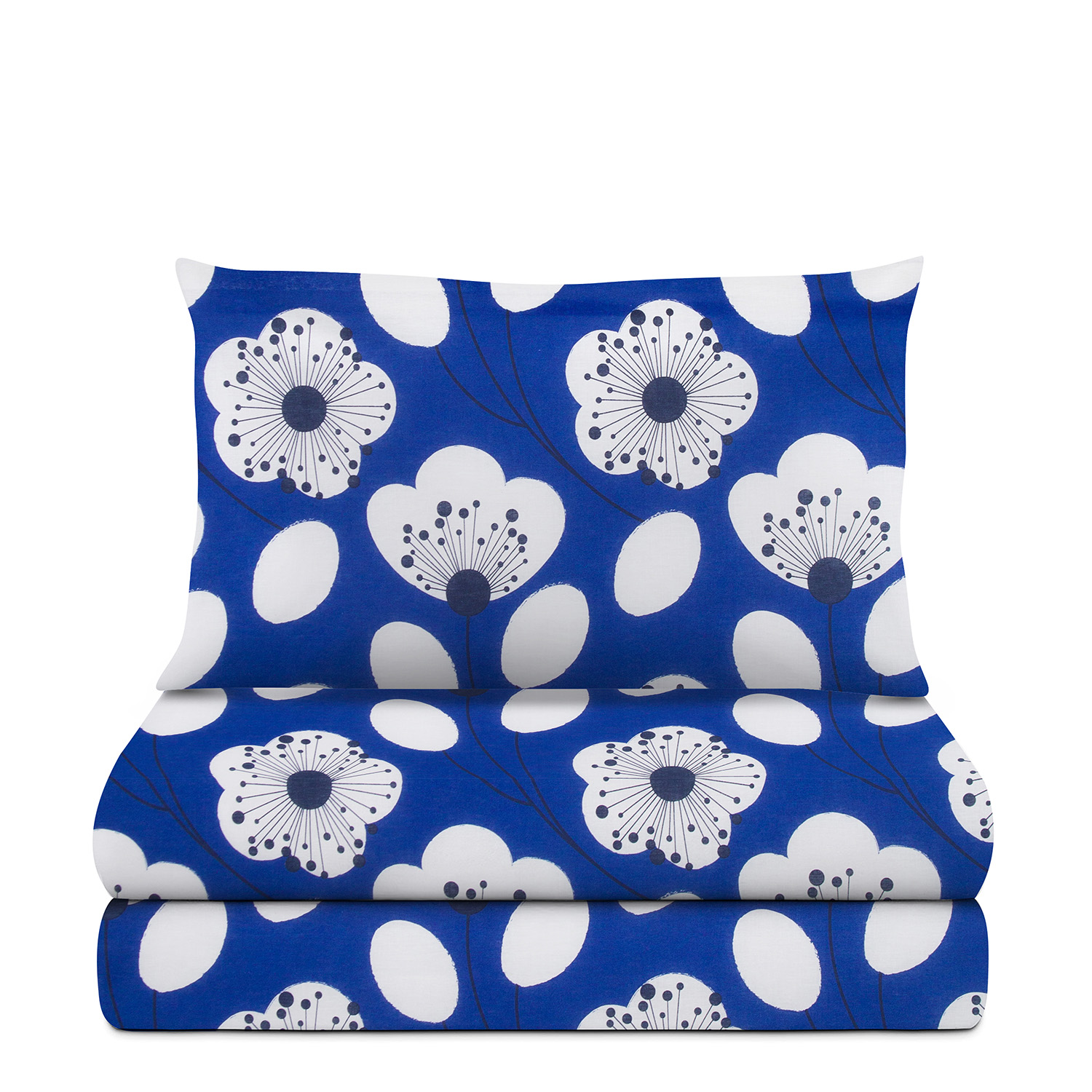 Completo letto 1 piazza e mezza blu fiori bianchi