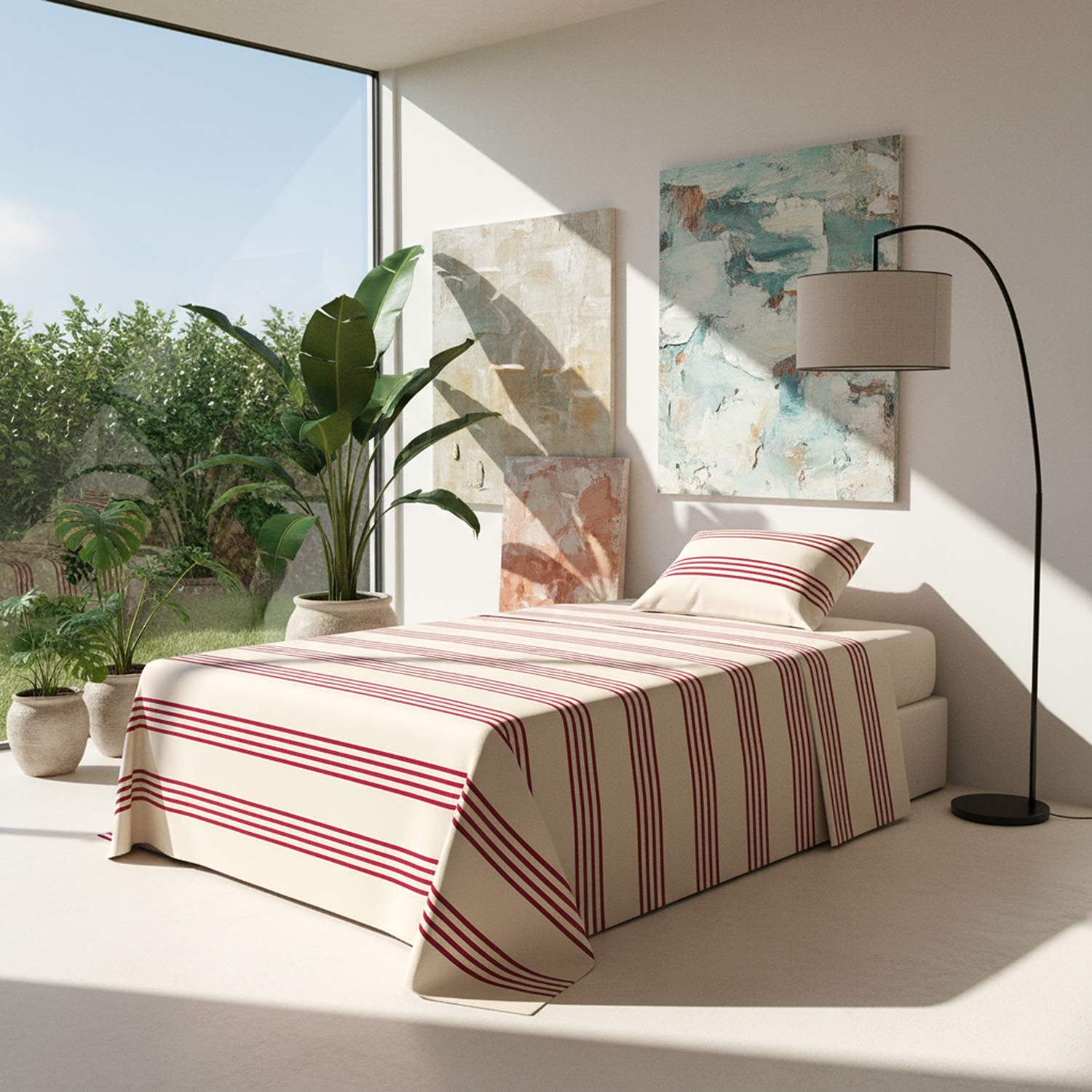 Completo letto 1 piazza e mezza righe bordeaux cotone
