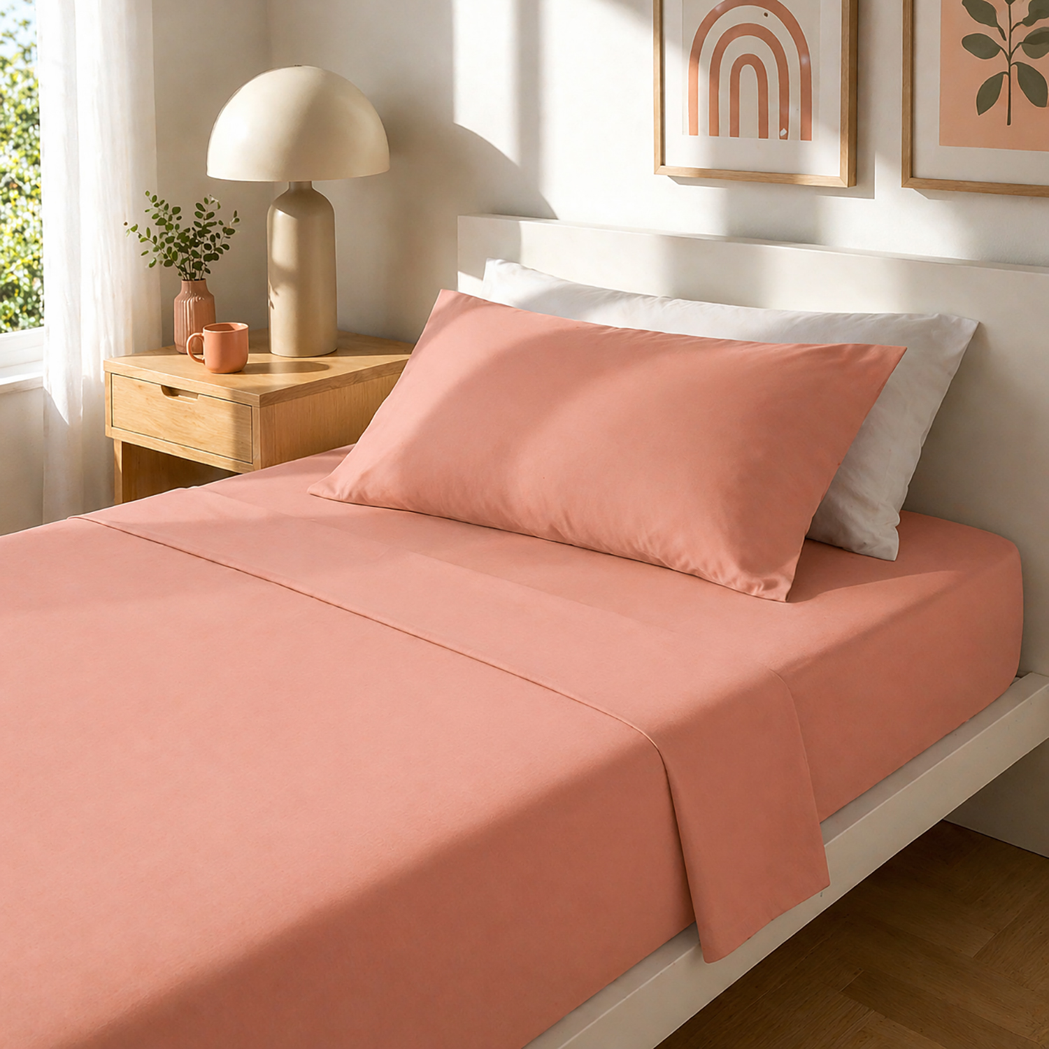 Completo letto 1 piazza e mezza cotone tinta unita corallo