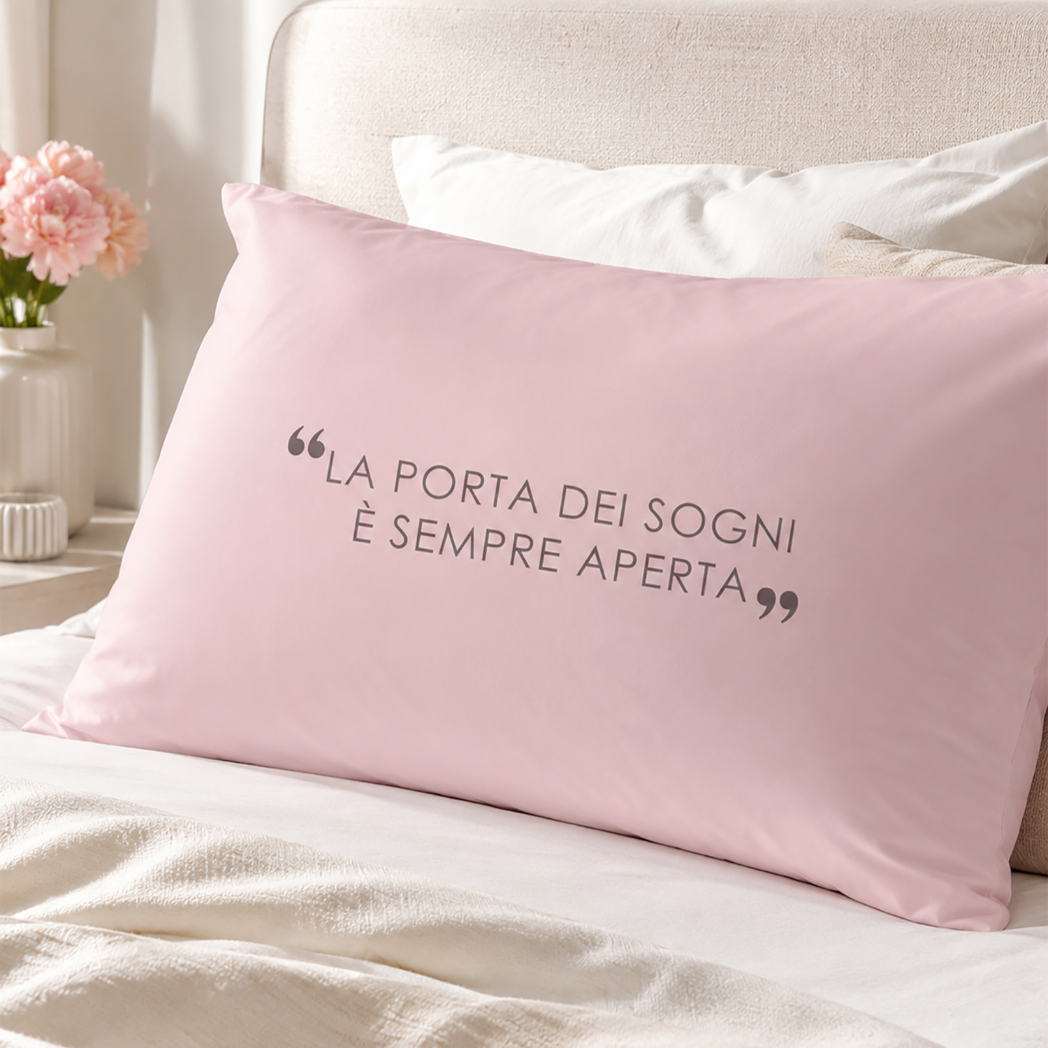 Federa in cotone scritta Quotes malva