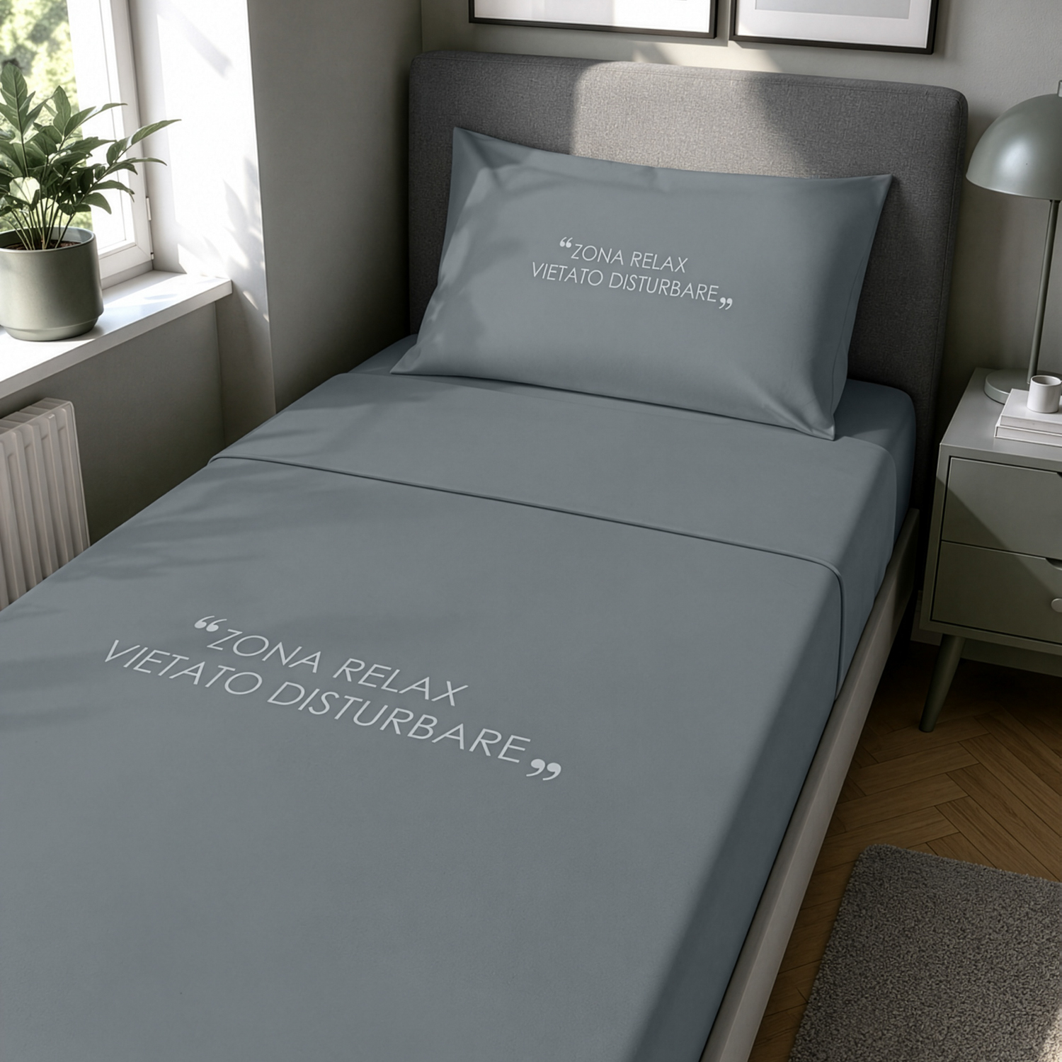Completo letto singolo in cotone scritta Quotes antracite