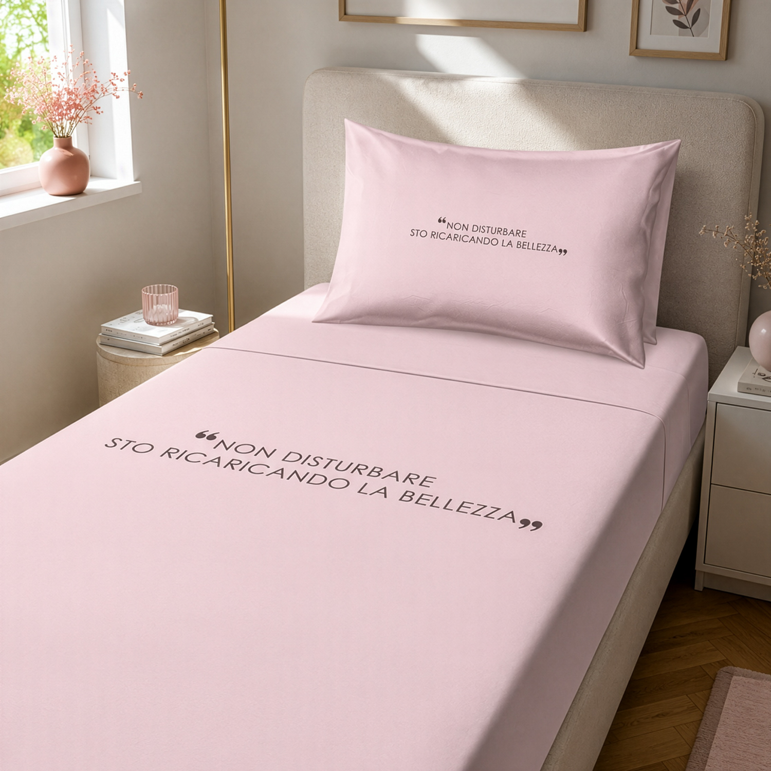 Completo letto singolo in cotone scritta Quotes malva