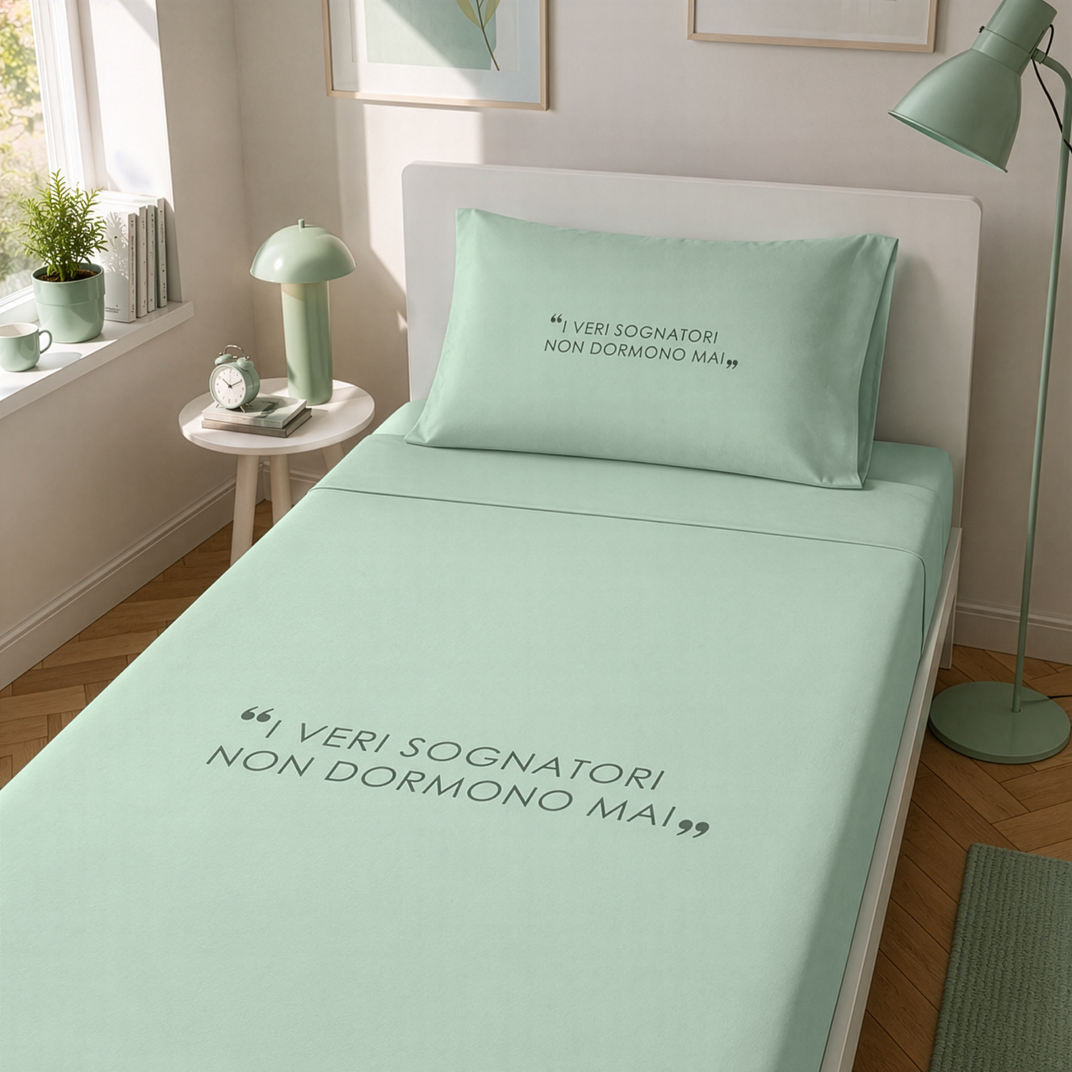 Completo letto singolo in cotone scritta Quotes verde