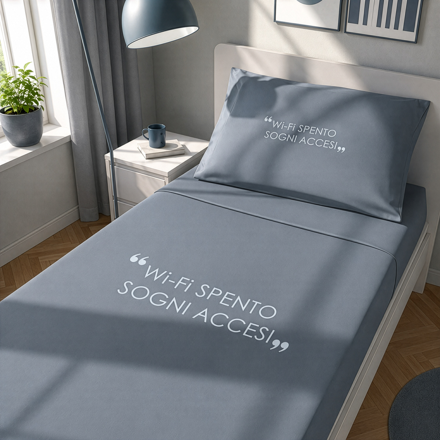 Completo letto singolo in cotone scritta Quotes denim