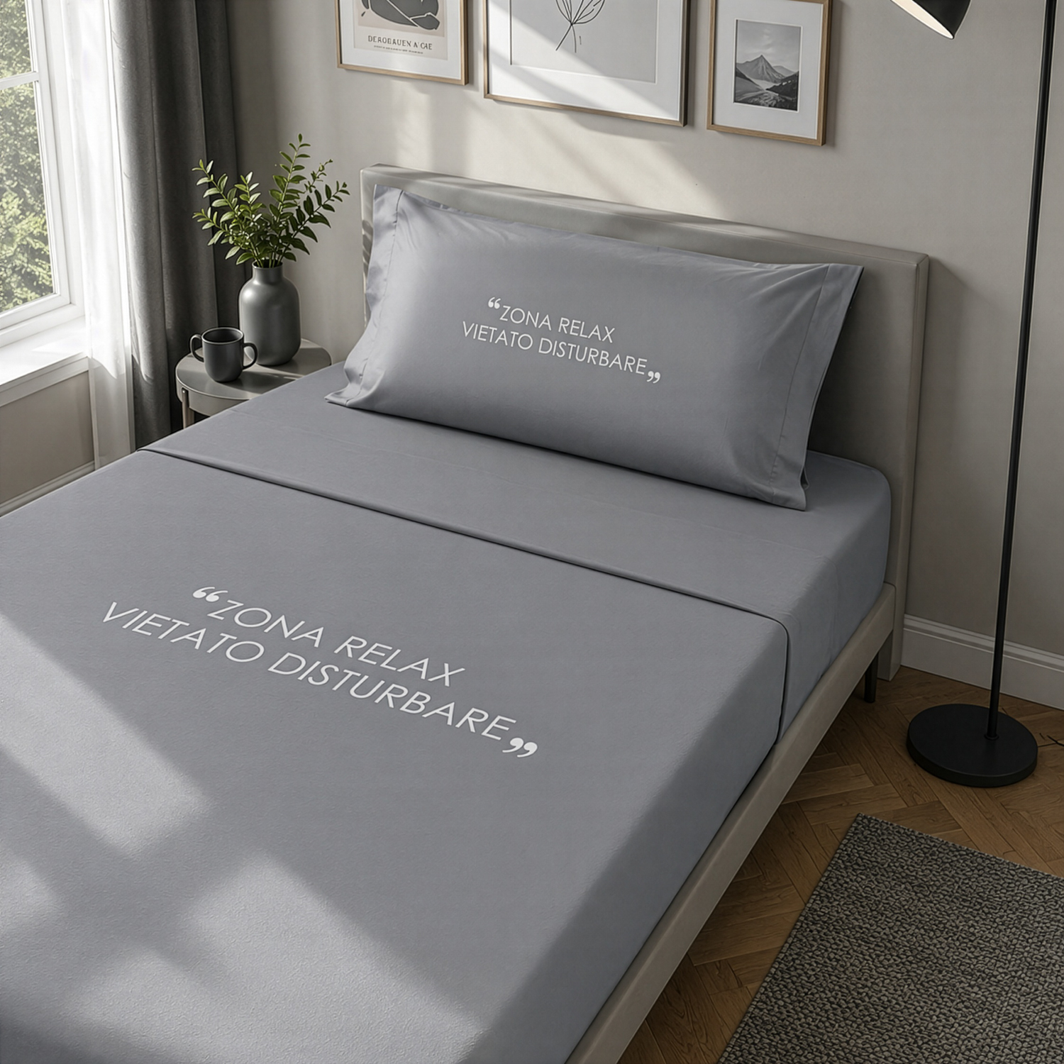 Completo letto 1 piazza e mezza in cotone scritta Quotes antracite