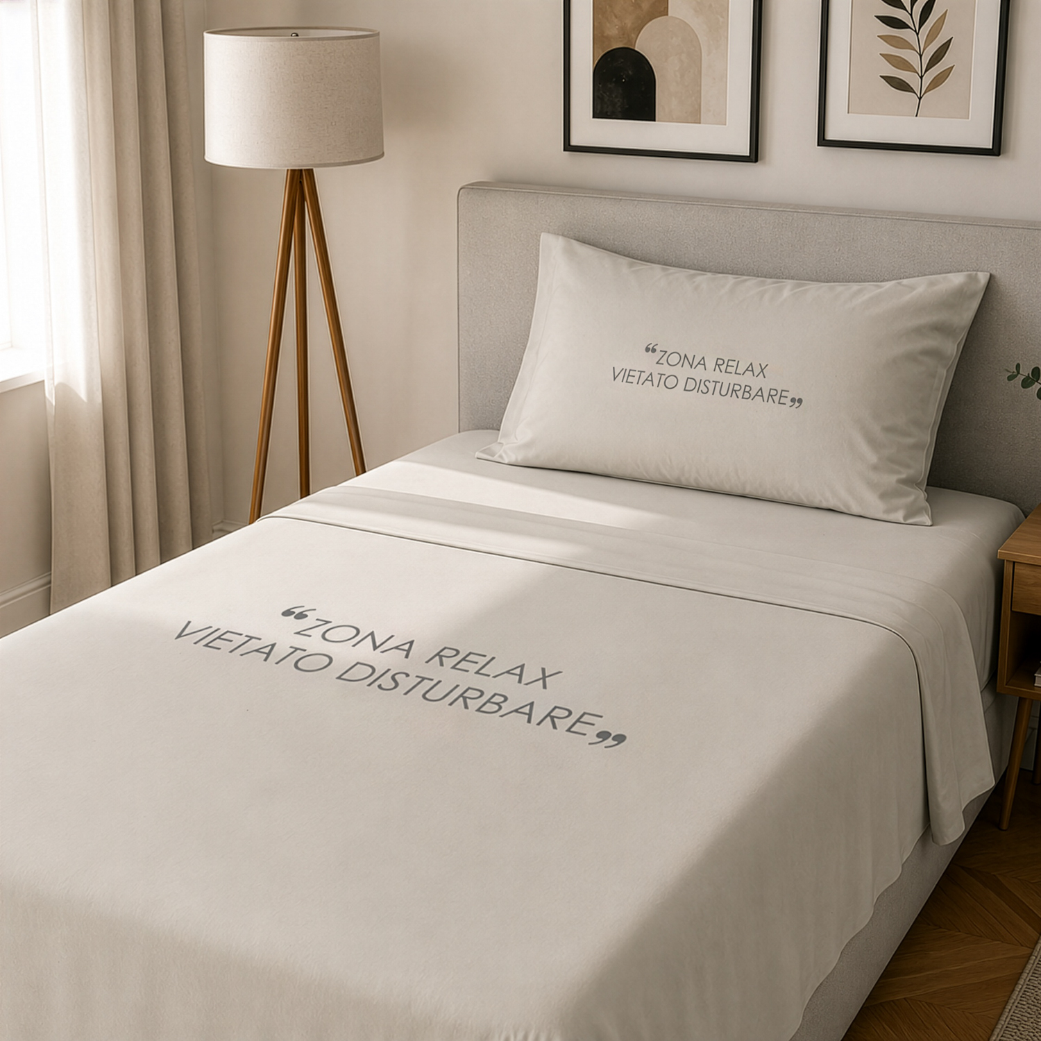 Completo letto 1 piazza e mezza in cotone scritta Quotes tortora