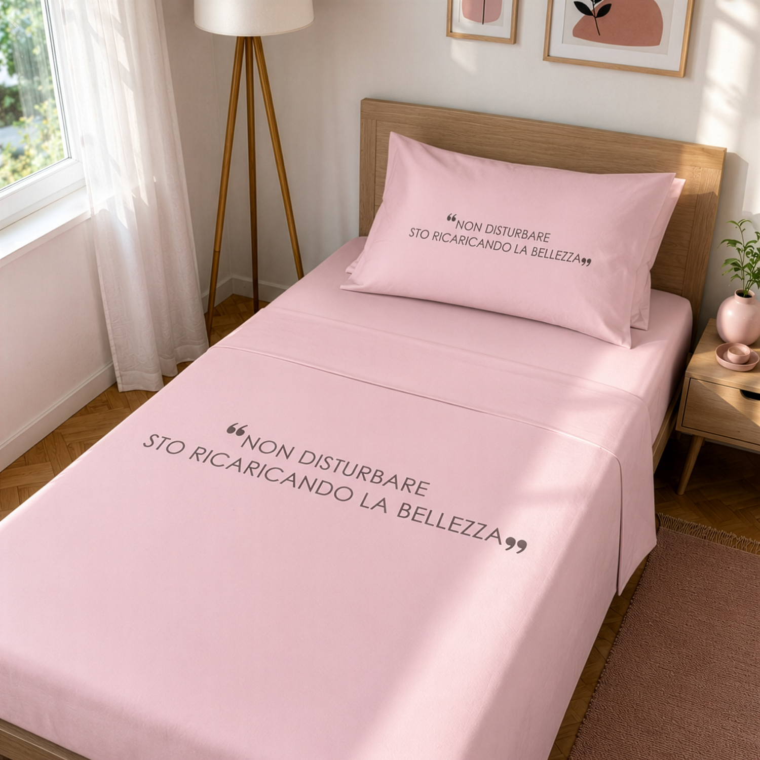 Completo letto 1 piazza e mezza in cotone scritta Quotes malva