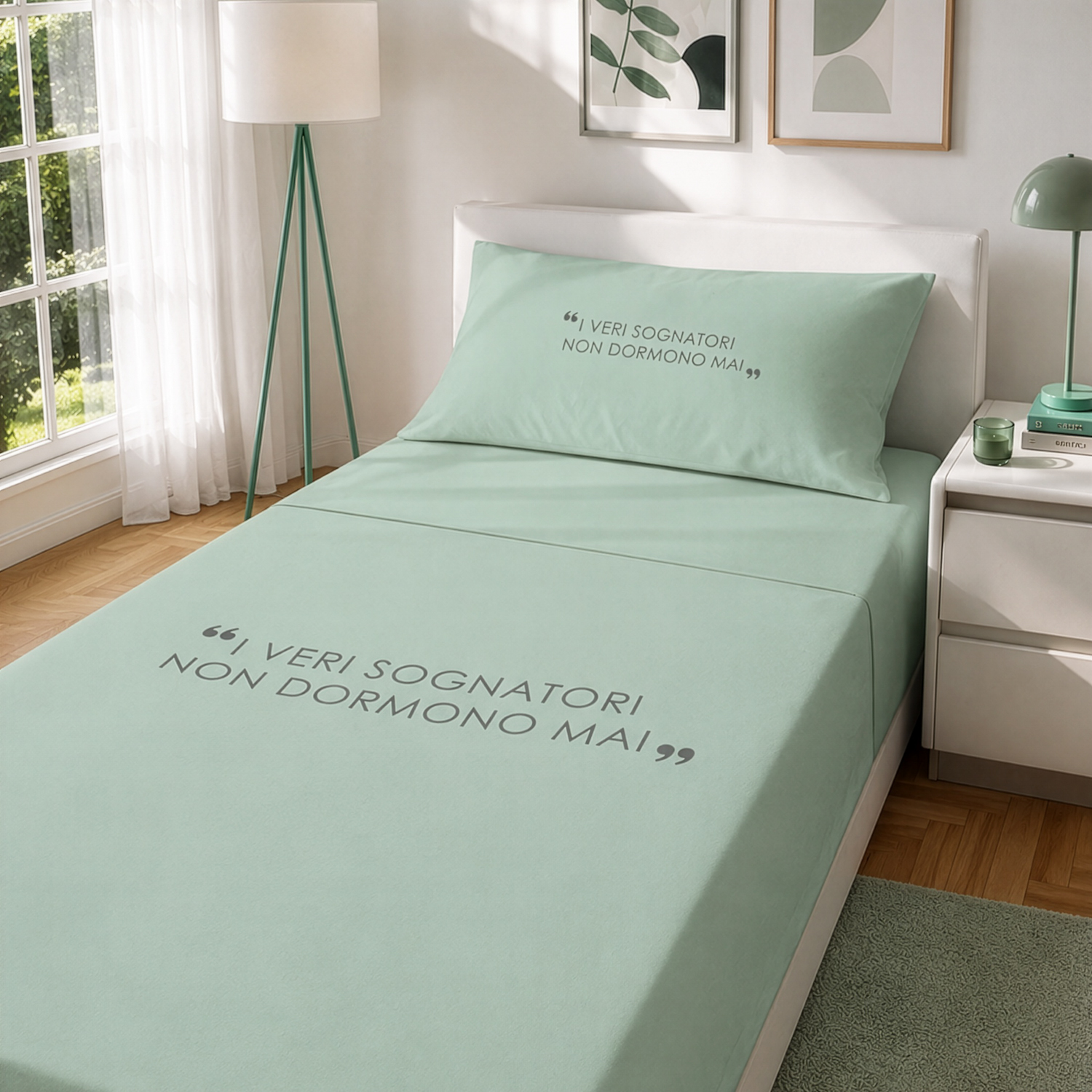 Completo letto 1 piazza e mezza in cotone scritta Quotes verde