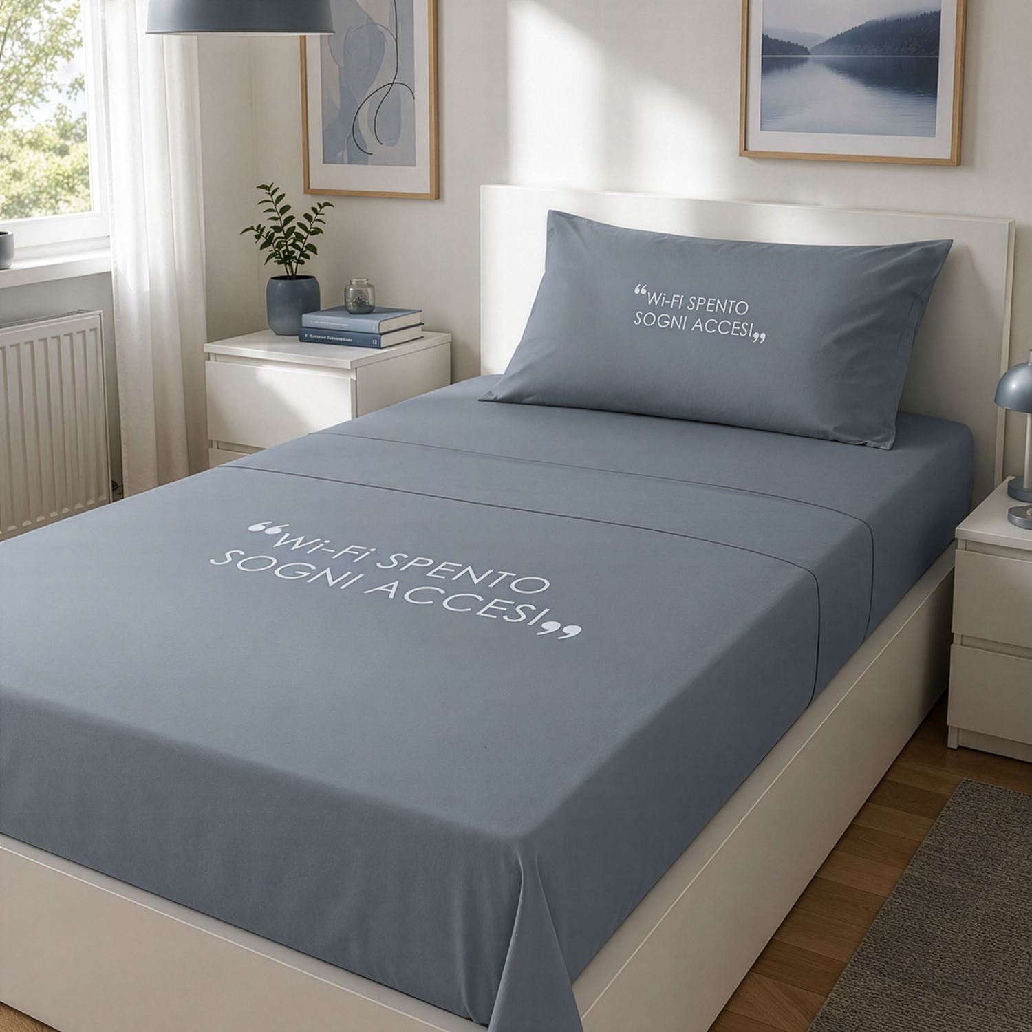 Completo letto 1 piazza e mezza in cotone scritta Quotes denim