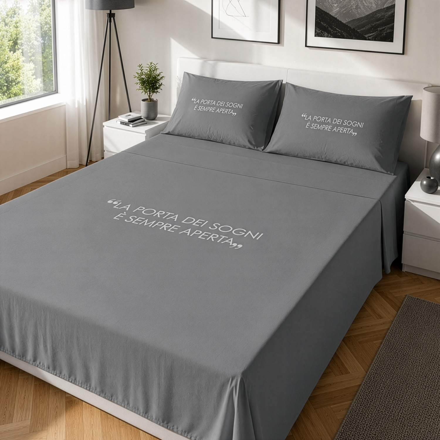 Completo letto matrimoniale in cotone scritta Quotes antracite