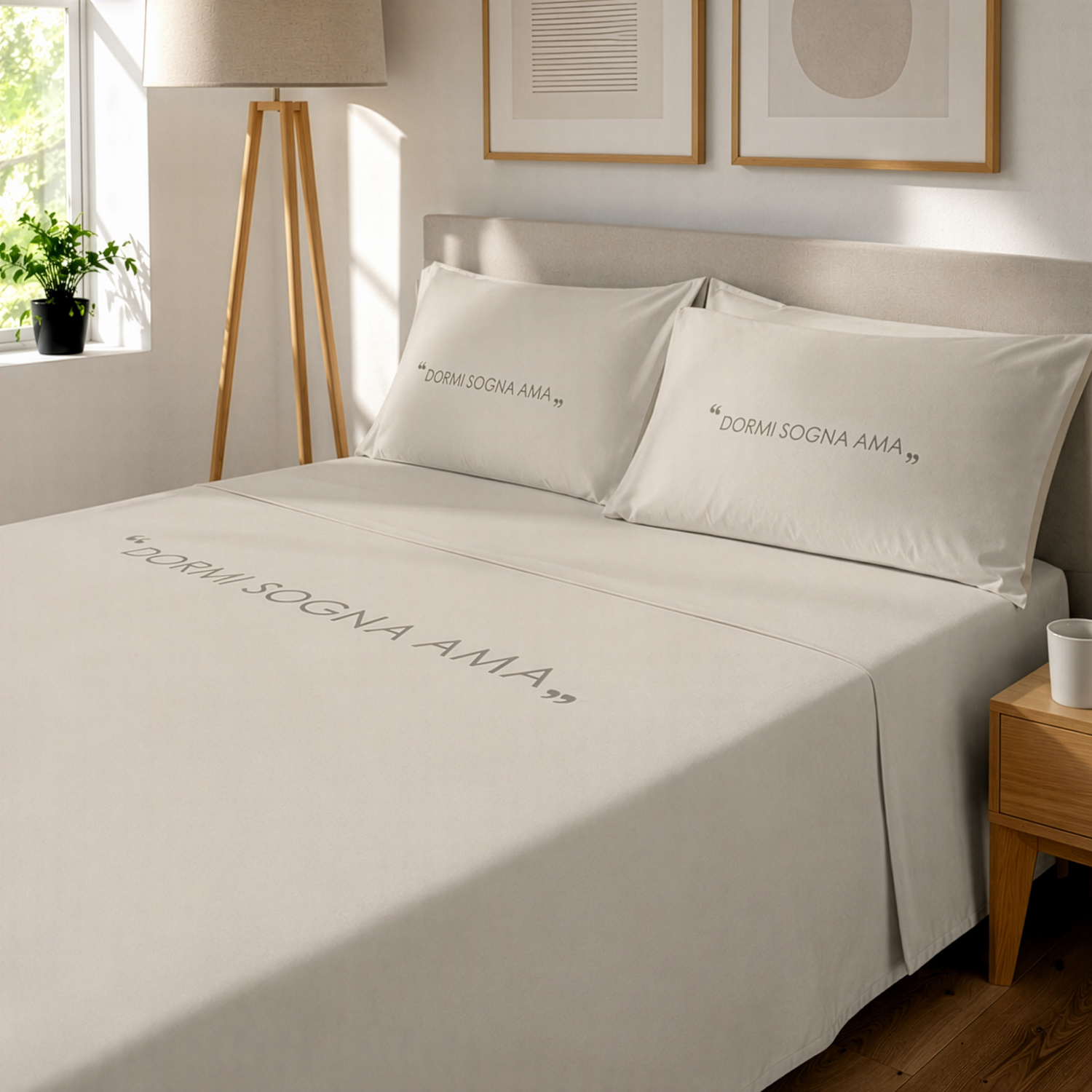Completo letto matrimoniale in cotone scritta Quotes tortora