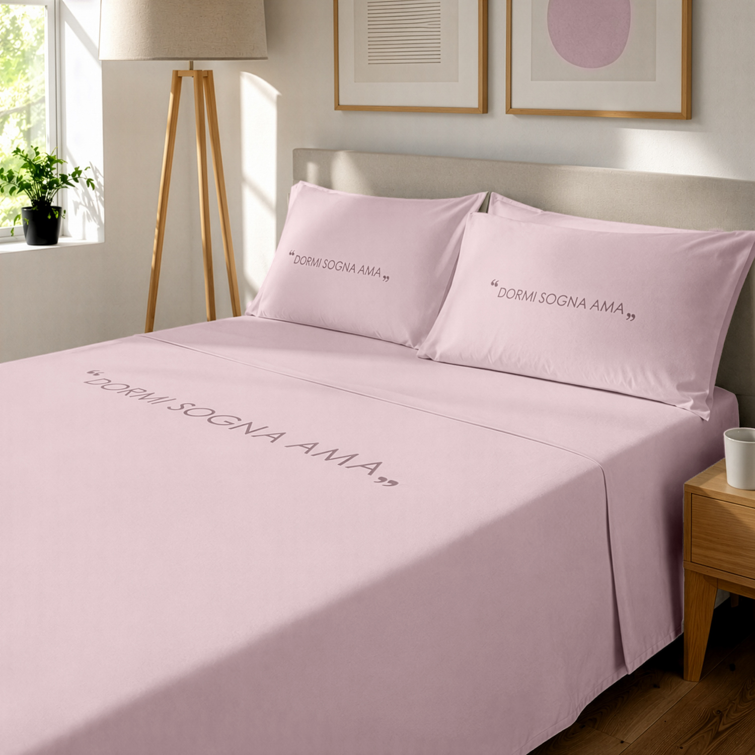 Completo letto matrimoniale in cotone scritta Quotes malva