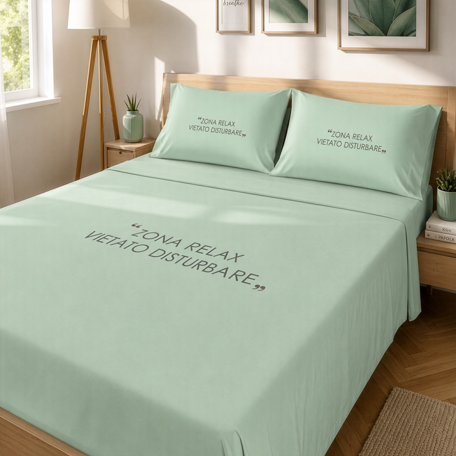 Completo letto matrimoniale in cotone scritta Quotes verde