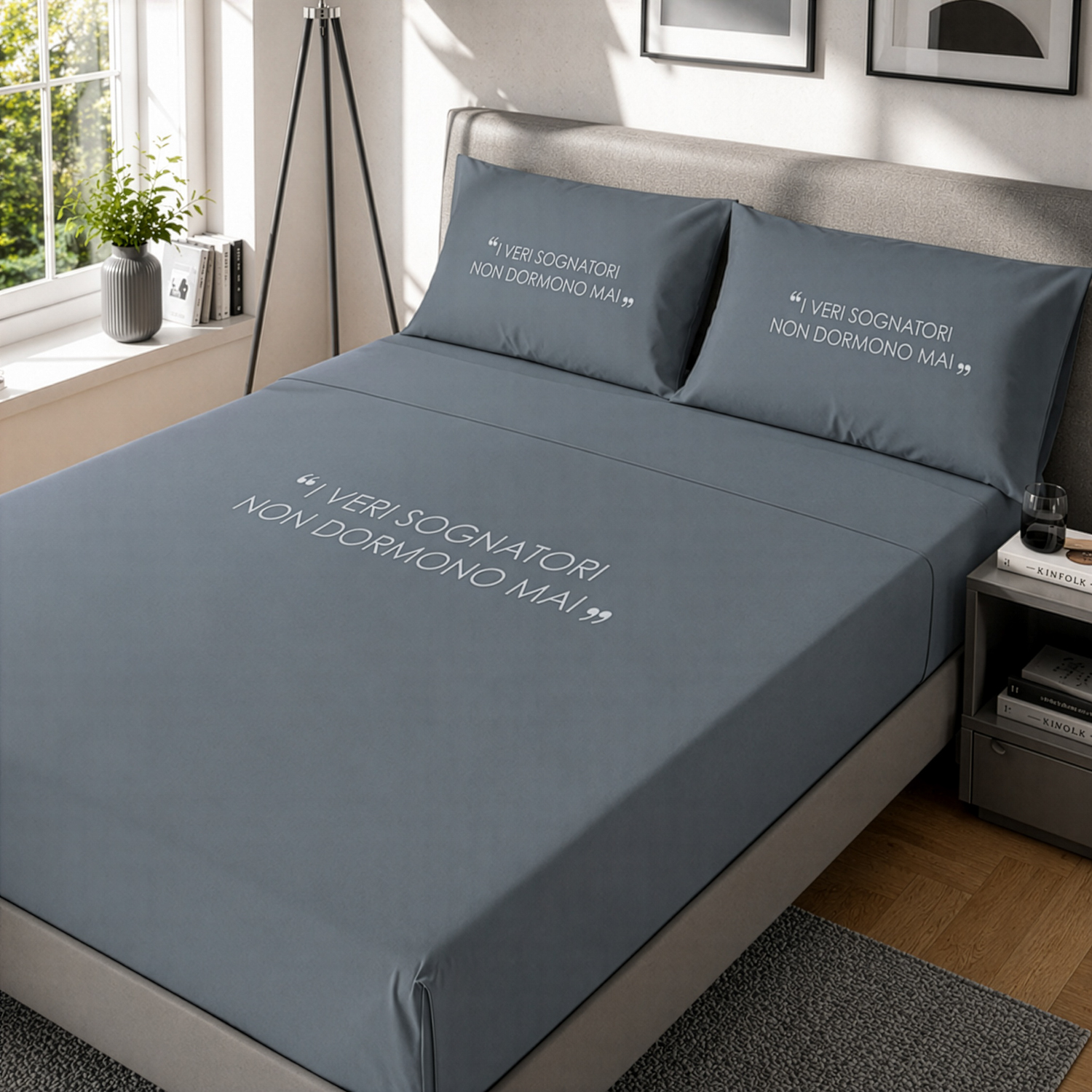Completo letto 2 piazze in cotone scritta Quotes denim