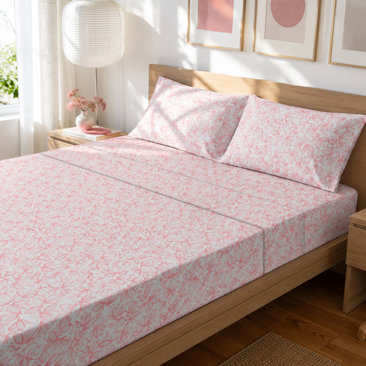 Completo letto matrimoniale policotone foglie rosa