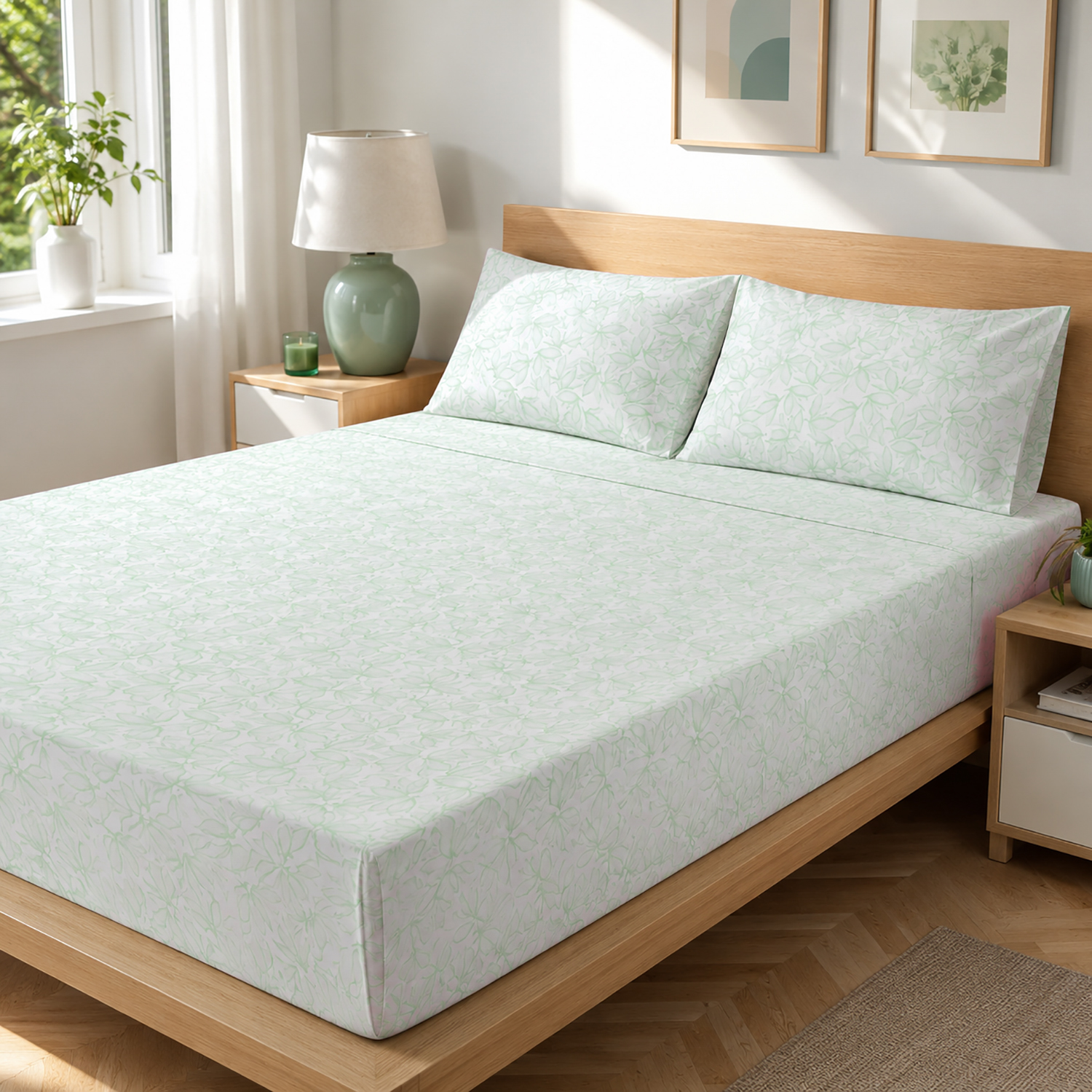 Completo letto matrimoniale policotone foglie verde