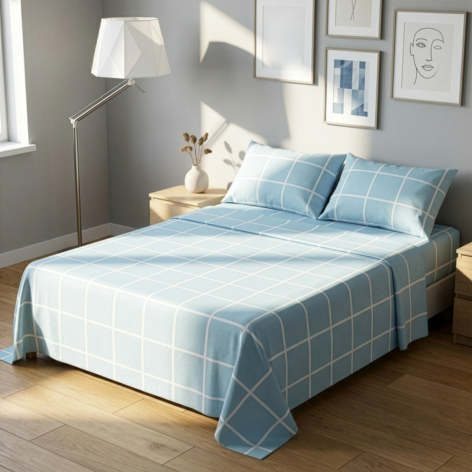 Completo letto matrimoniale policotone quadrotti azzurro